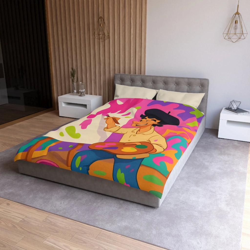 Housse de couette colorée avec artiste joyeux peignant des éclaboussures lumineuses abstraites