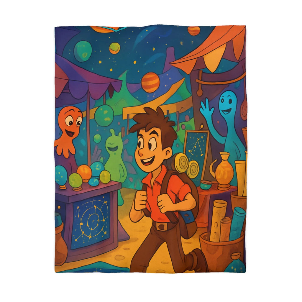 Housse de couette enfant monde fantastique avec planètes et créatures colorées