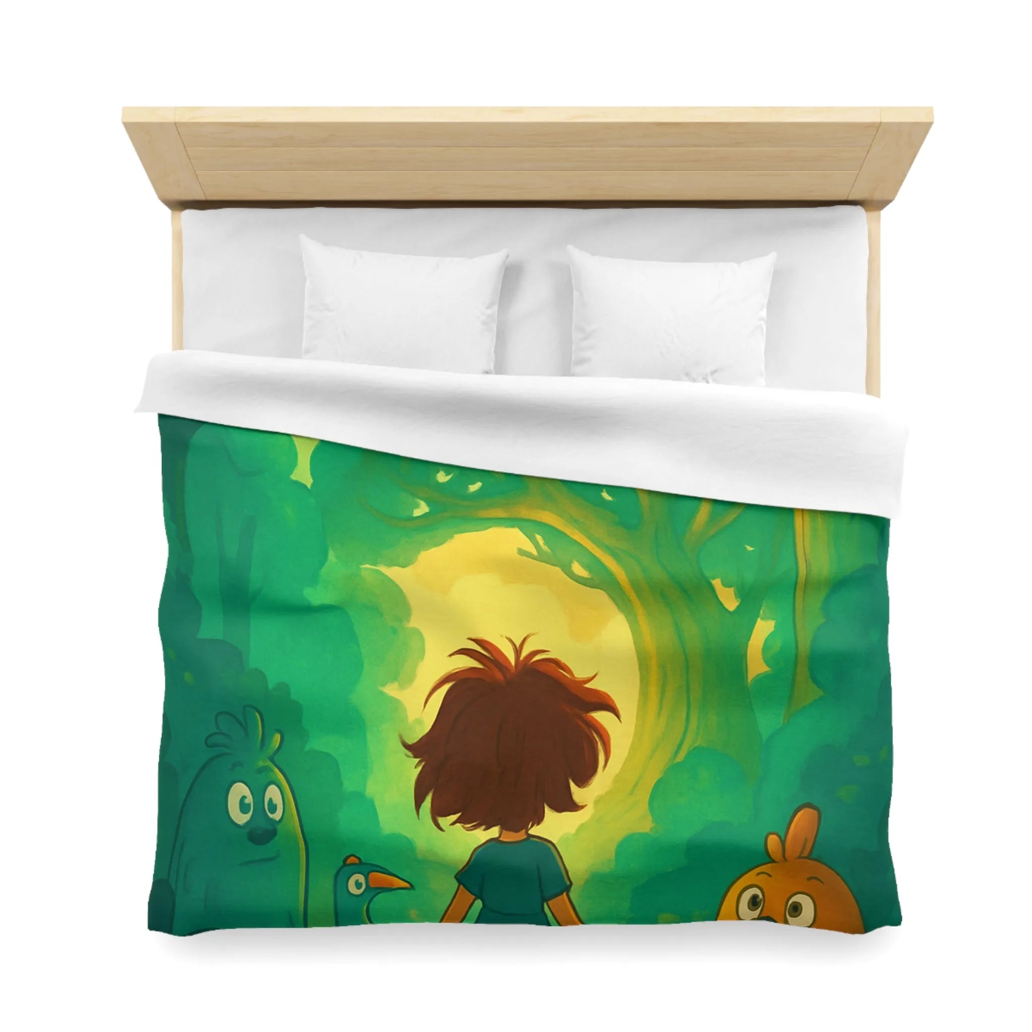 Housse de couette forêts enchantées avec animaux et personnage central, ambiance magique