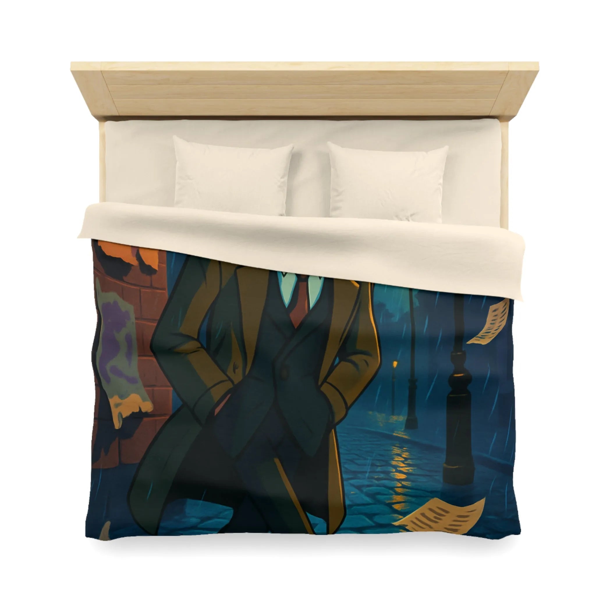 Housse de couette élégante avec détective mystérieux sous la pluie pour ambiance rétro