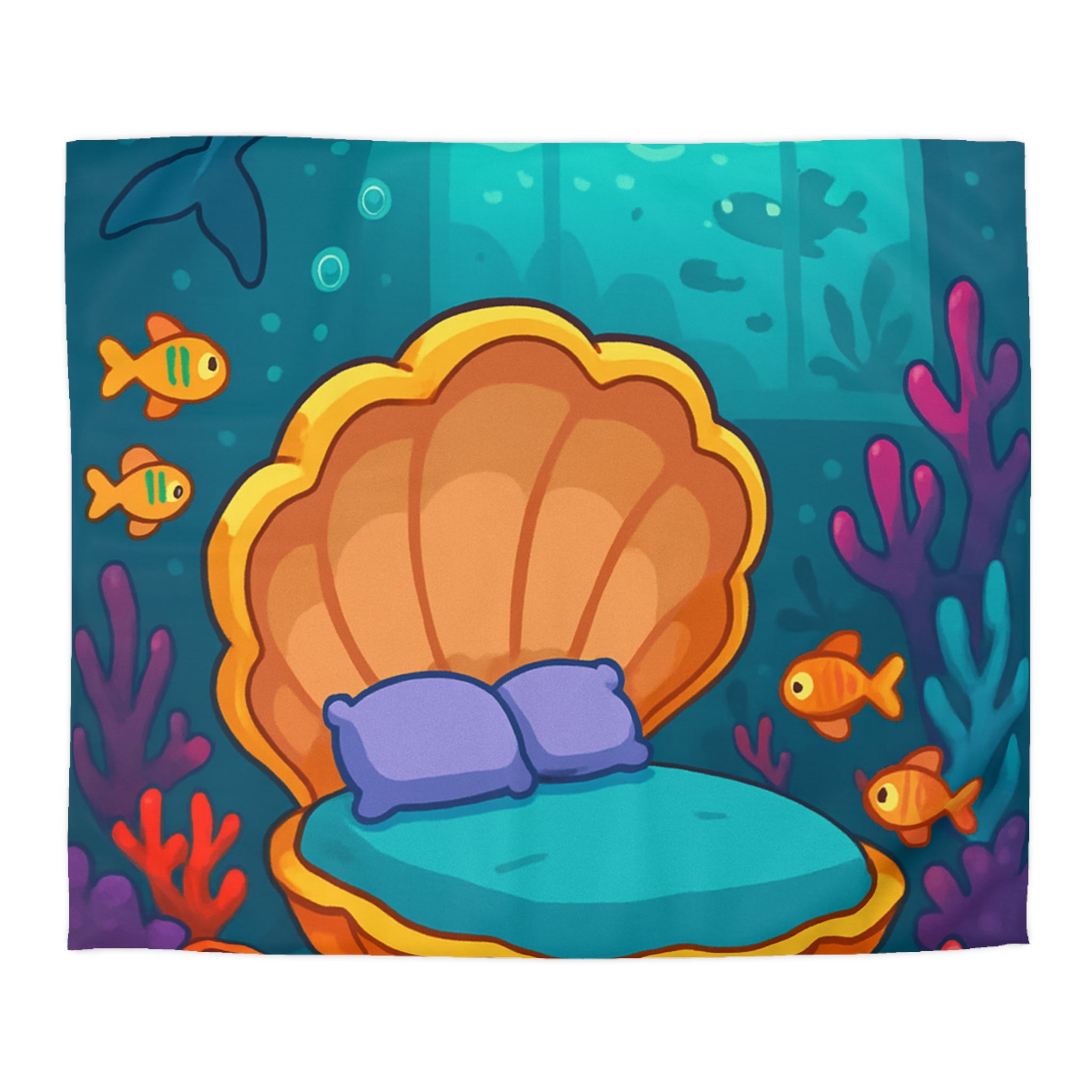 Housse de couette thème sous-marin avec dauphin, coquillage et barrières de corail colorées