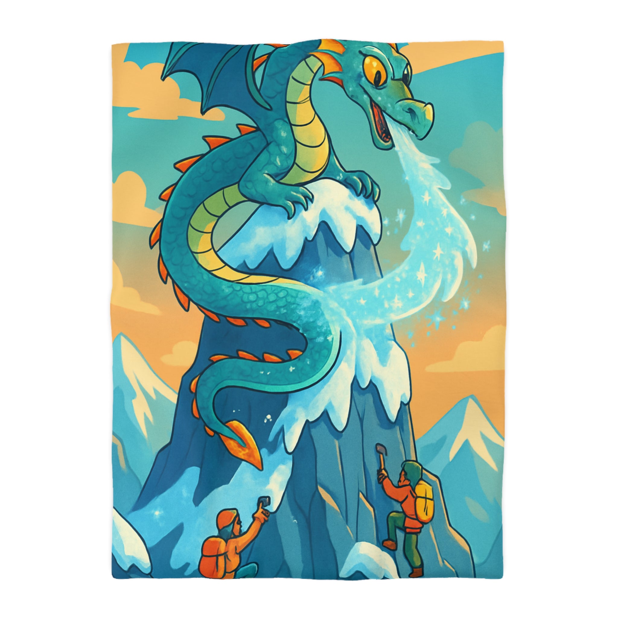 Montagne enneigée gardée par un dragon crachant de la glace, aventure épique illustrée