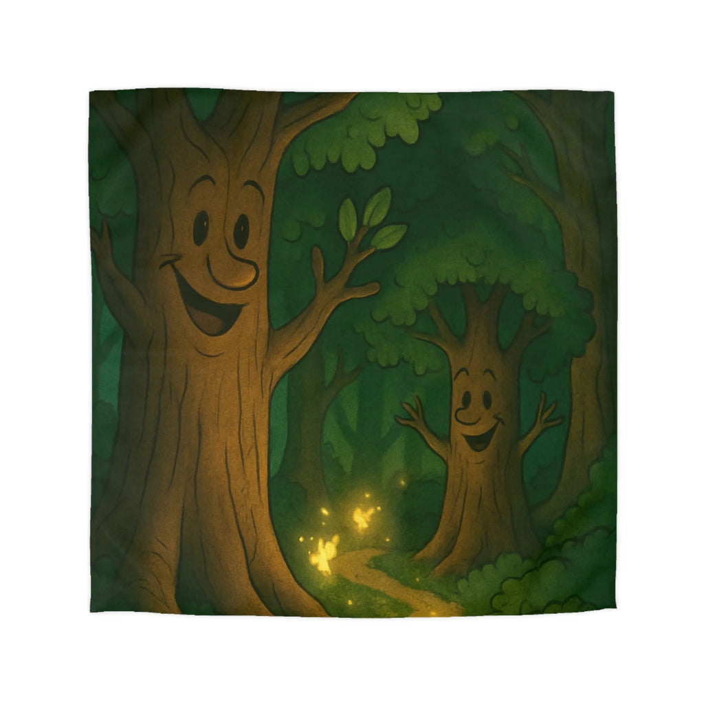 Enchanting Cartoon Forest Scene with Smiling Trees and Glowing Fireflies at Night