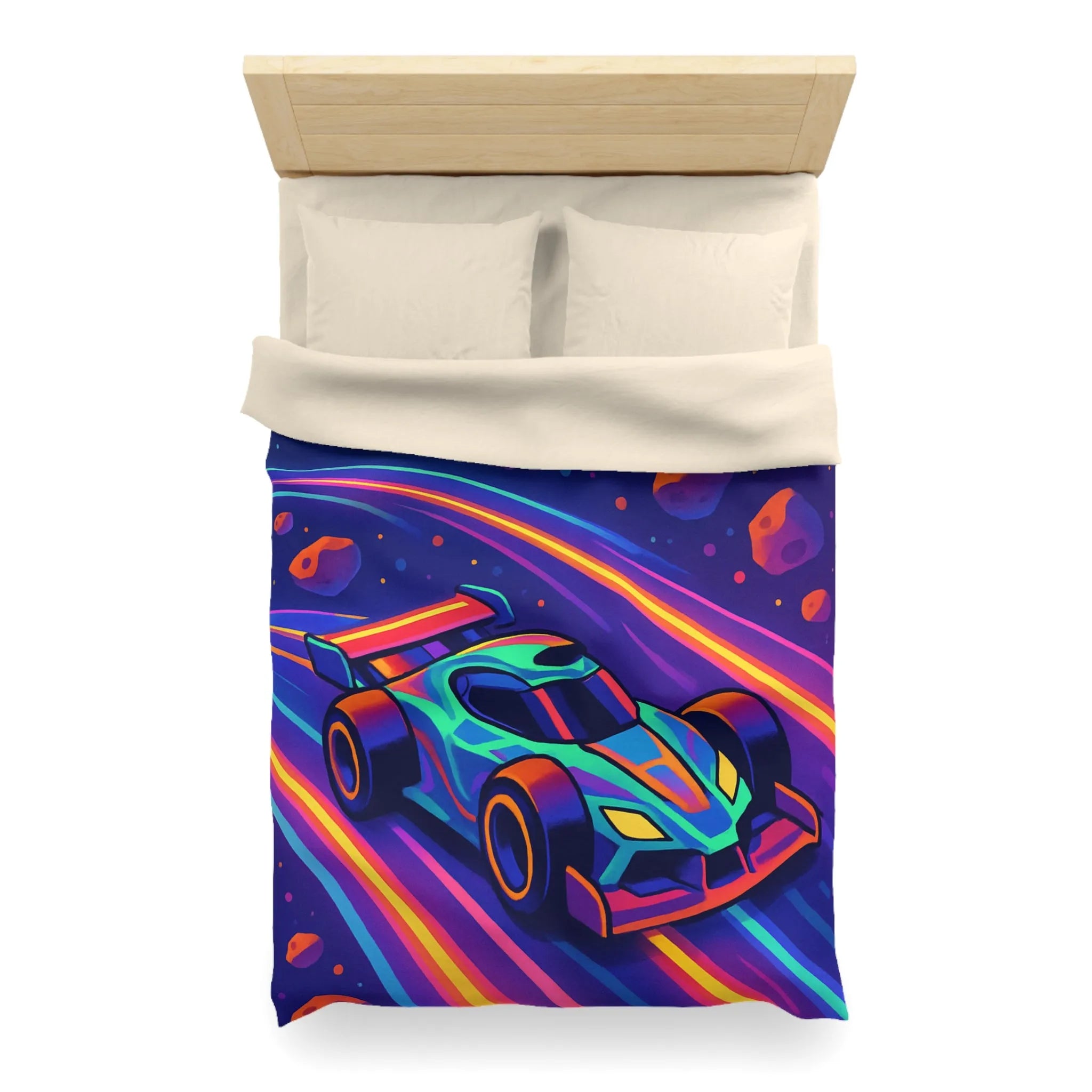 Éblouissante Housse de Couette avec Voiture Néon Galactique et Planètes Colorées