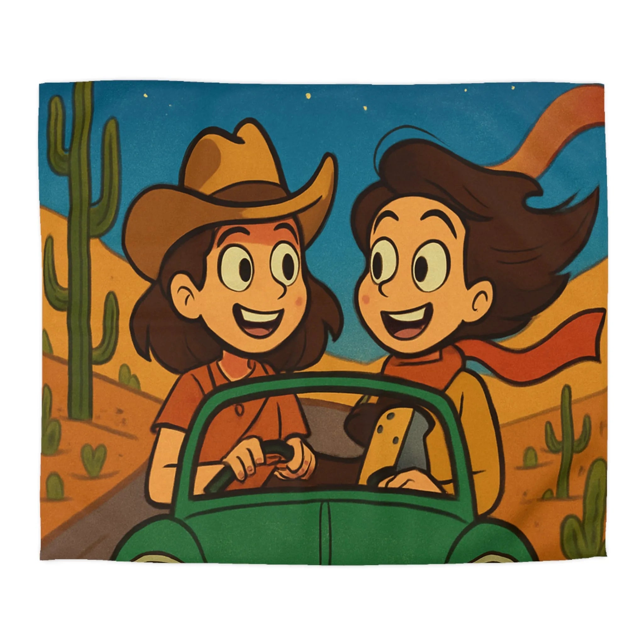 Ensemble Road Trip Enfants Désert Nuit Étoilée Voiture Verte Amusante Illustration Vintage