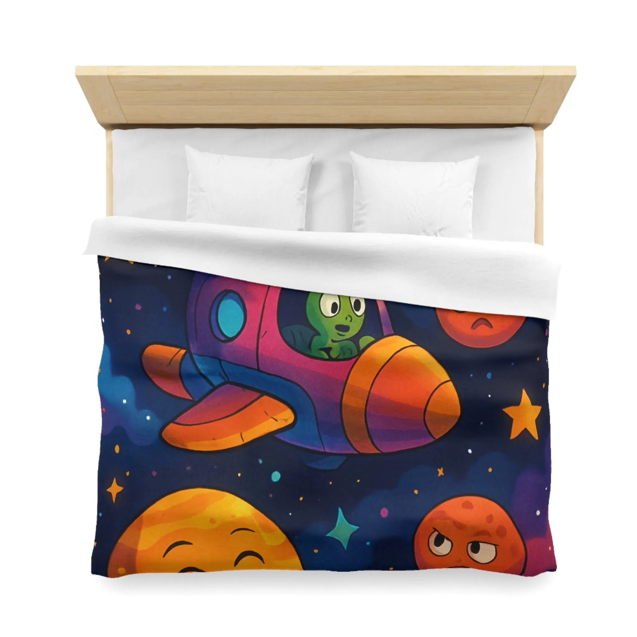 Housse de couette enfant cosmos coloré avec planètes amusantes et fusée extraterrestre