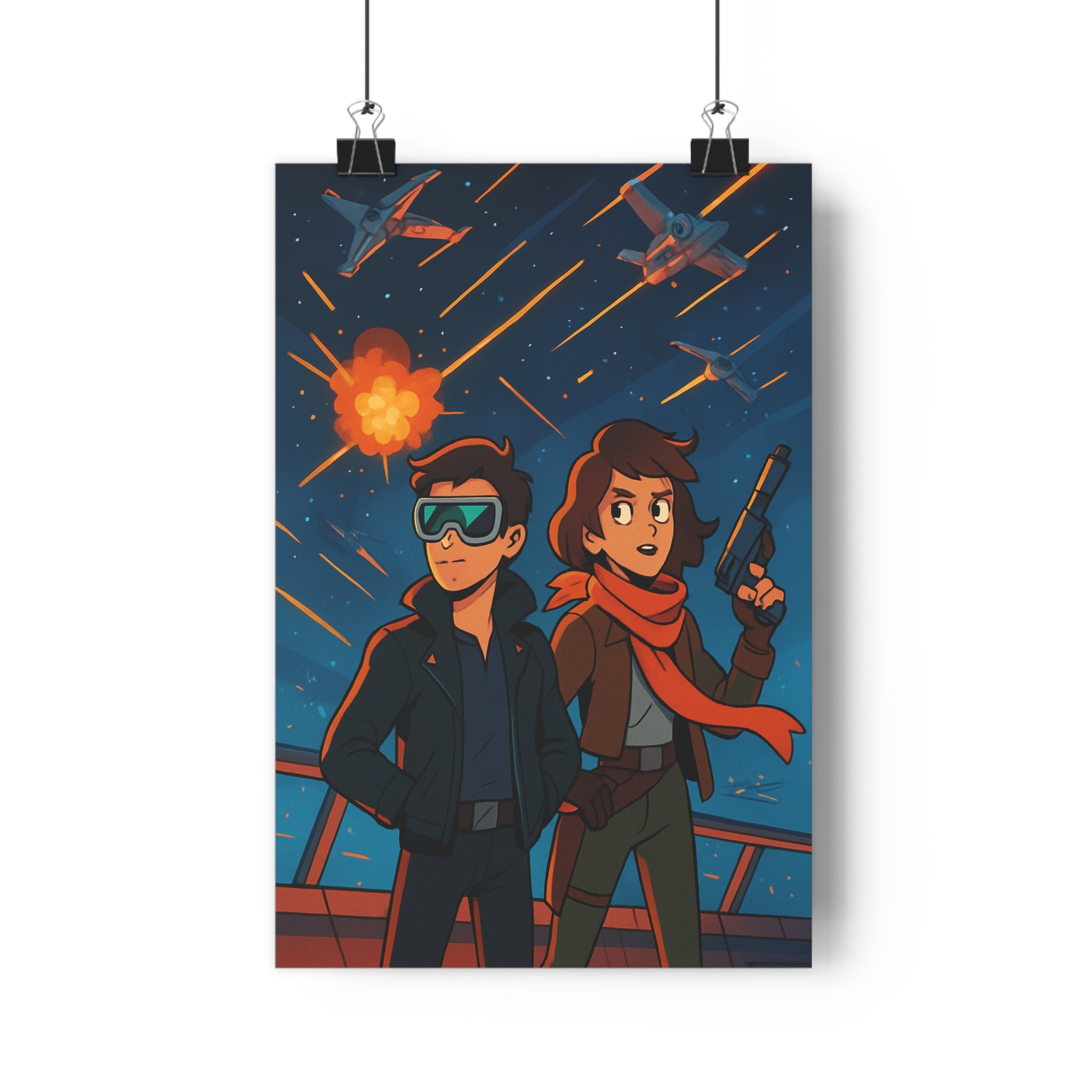 Poster décoratif galactique bleu aventure salon enfant moderne futuriste héroïque espace action détermination explosif
