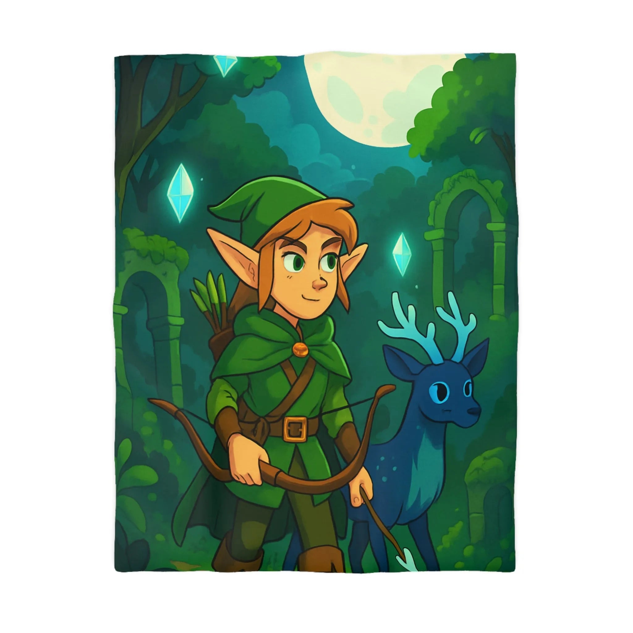 Housse de couette forêt enchantée avec lutin et cerf sous lune brillante