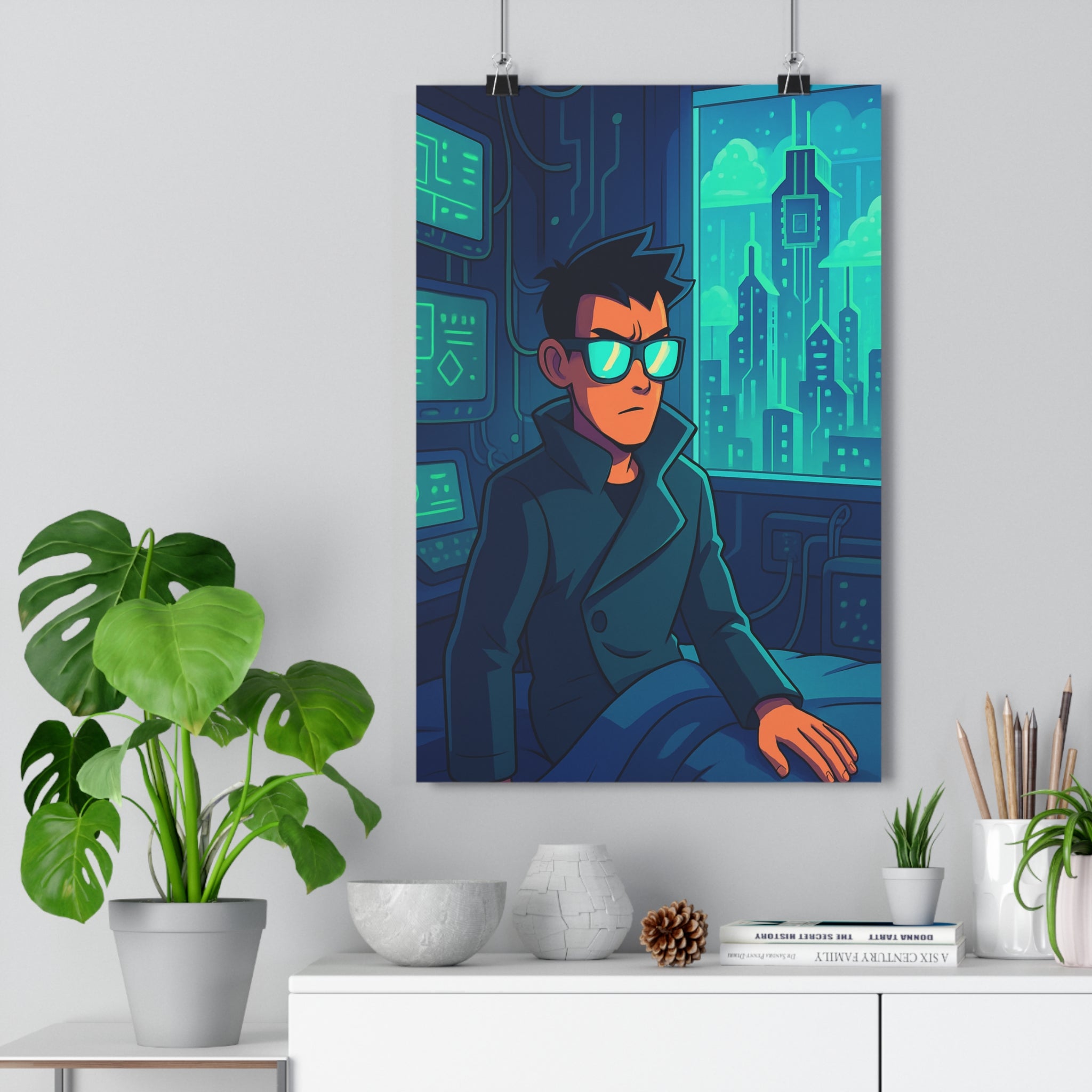 Poster décoratif futuriste anime bleu vert mystique chambre salon bureau technologique moderne ambiance unique