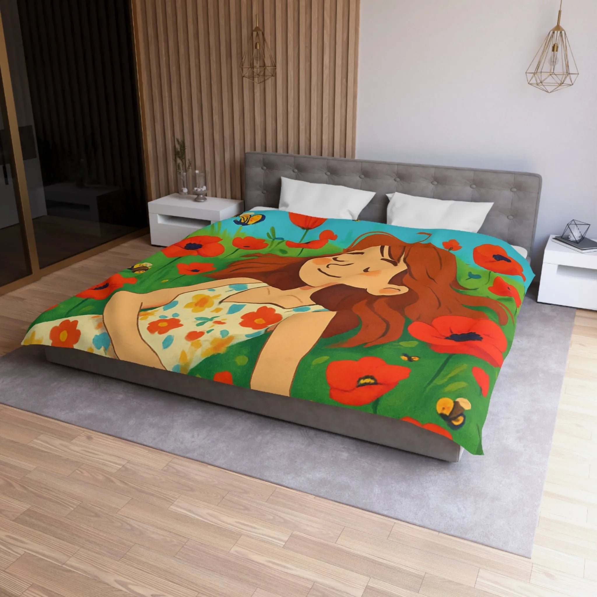 Housse de couette colorée avec motif floral et personnage rêveur en été ensoleillé