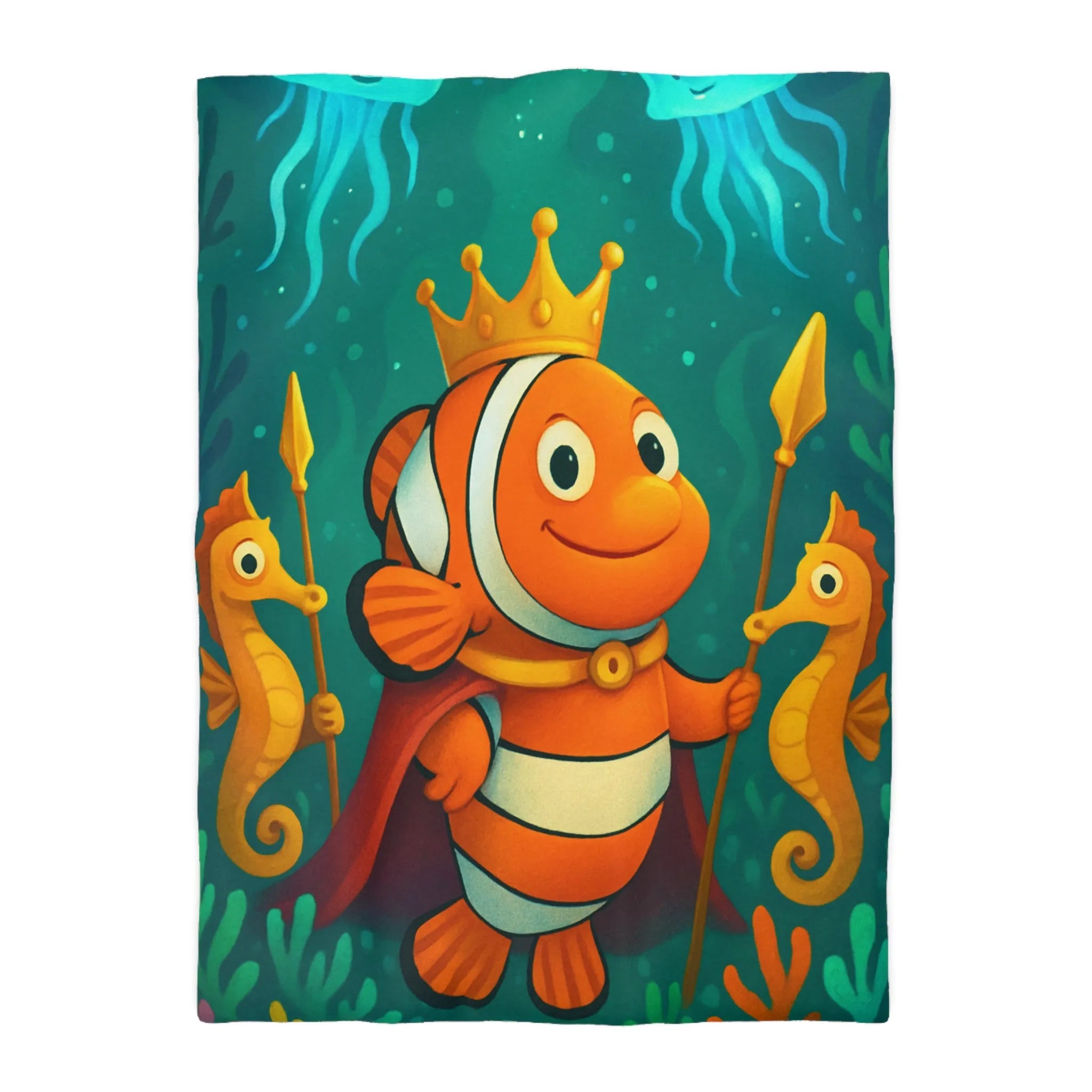 Housse de couette enfant joyeuse poisson clown roi et hippocampes joueurs aquatiques
