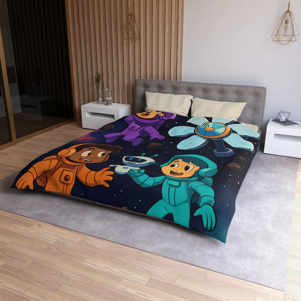 Housse de couette inspirée espace enfants, astronautes colorés, étoiles et planètes joyeuses