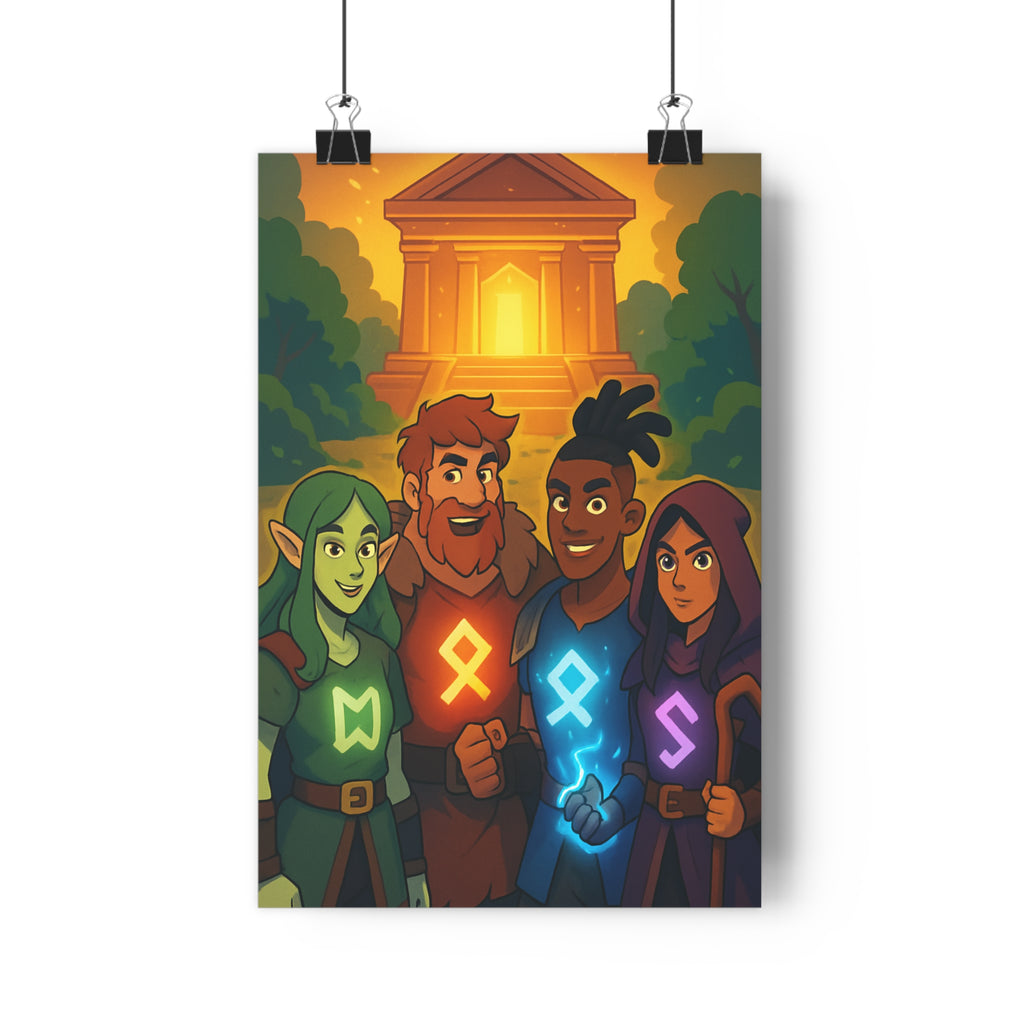 Poster décoratif mystique aventure couleurs vives fantastique temple lumineux ambiance coloré symbole personnages design