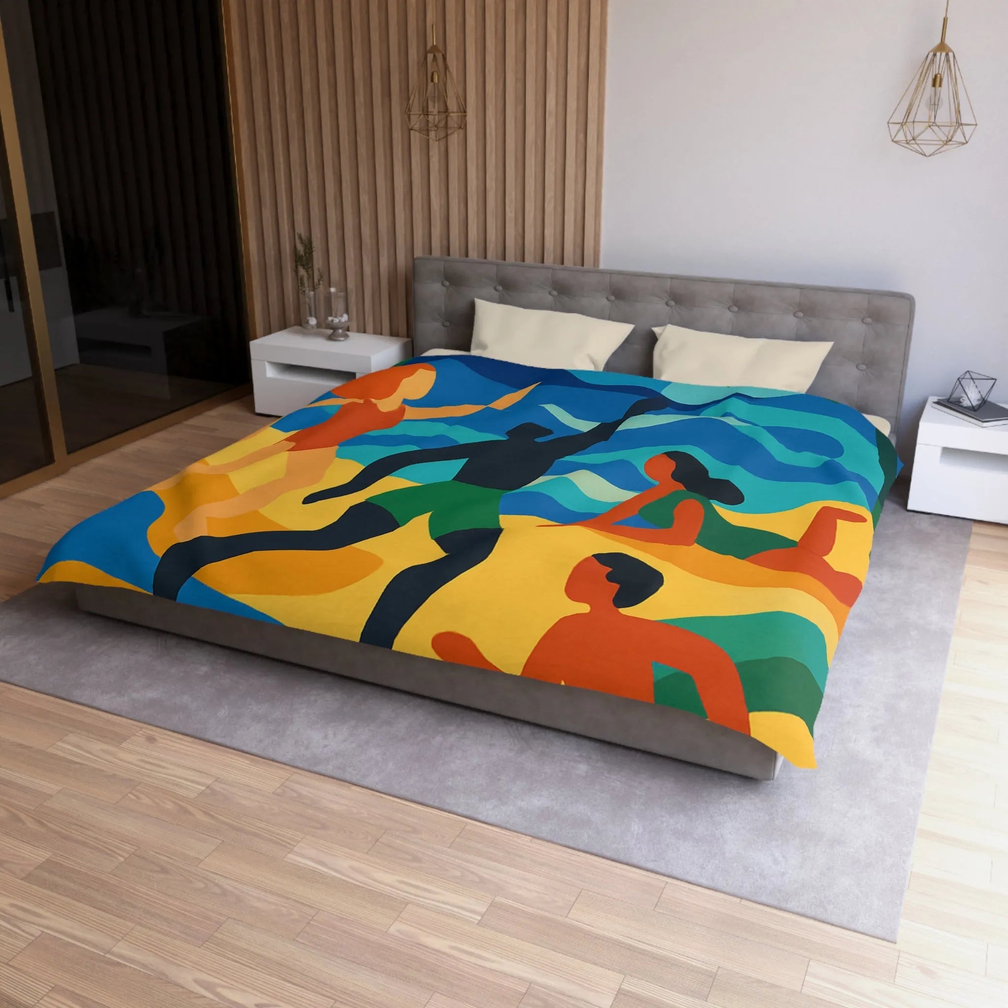 Housse de Couette Colorée Motif Plage Tropicale avec Palmiers et Activités Ludiques