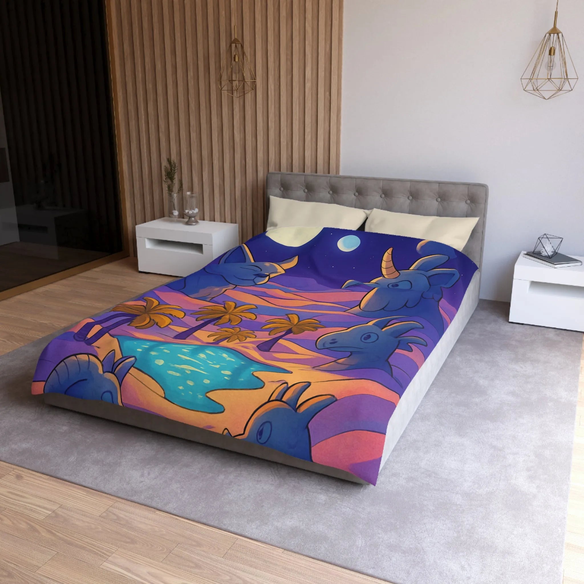 Housse de Couette Fantaisie Animaux Mystiques Sous Lune et Palmiers Étoilés