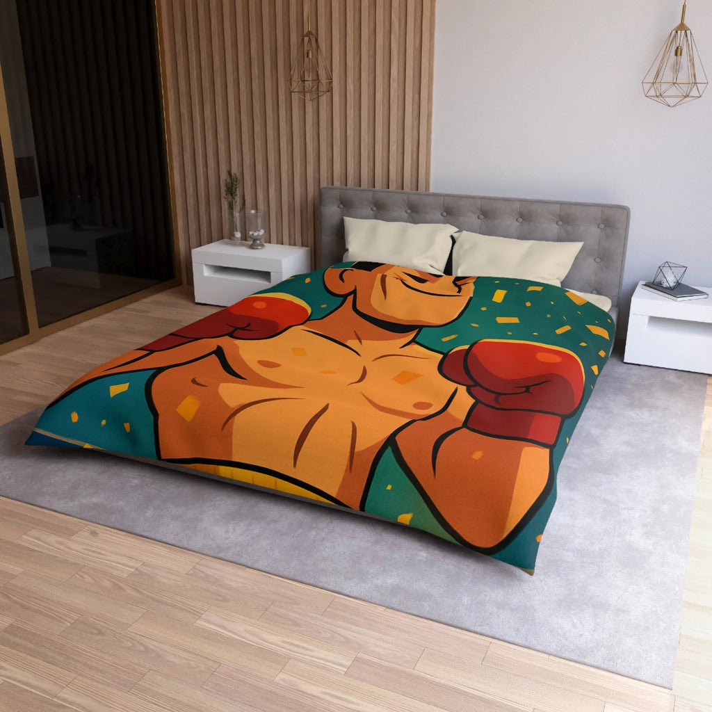 Housse de couette colorée avec boxeur en tenue rouge, ambiance festive dynamique