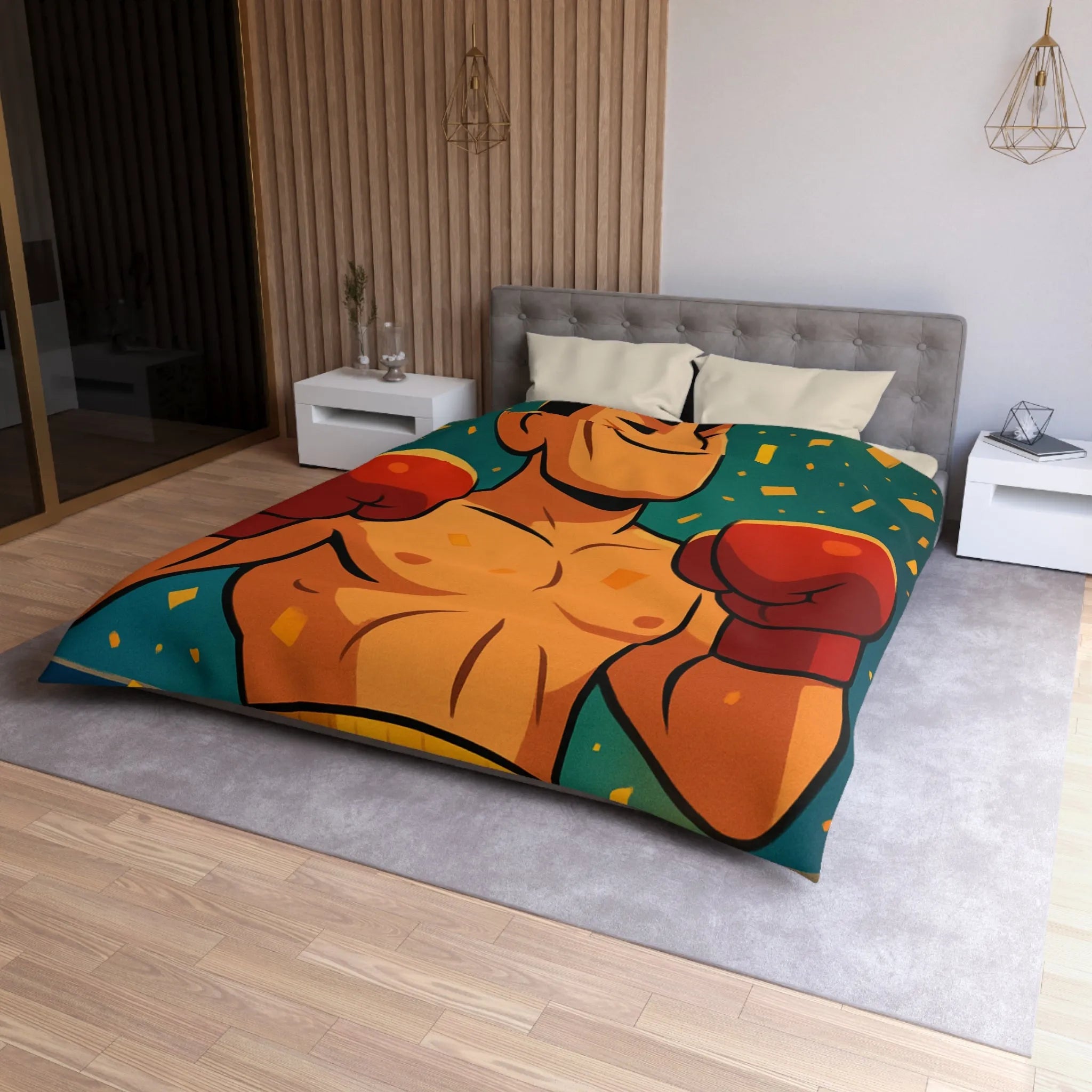 Housse de couette colorée avec boxeur en tenue rouge, ambiance festive dynamique