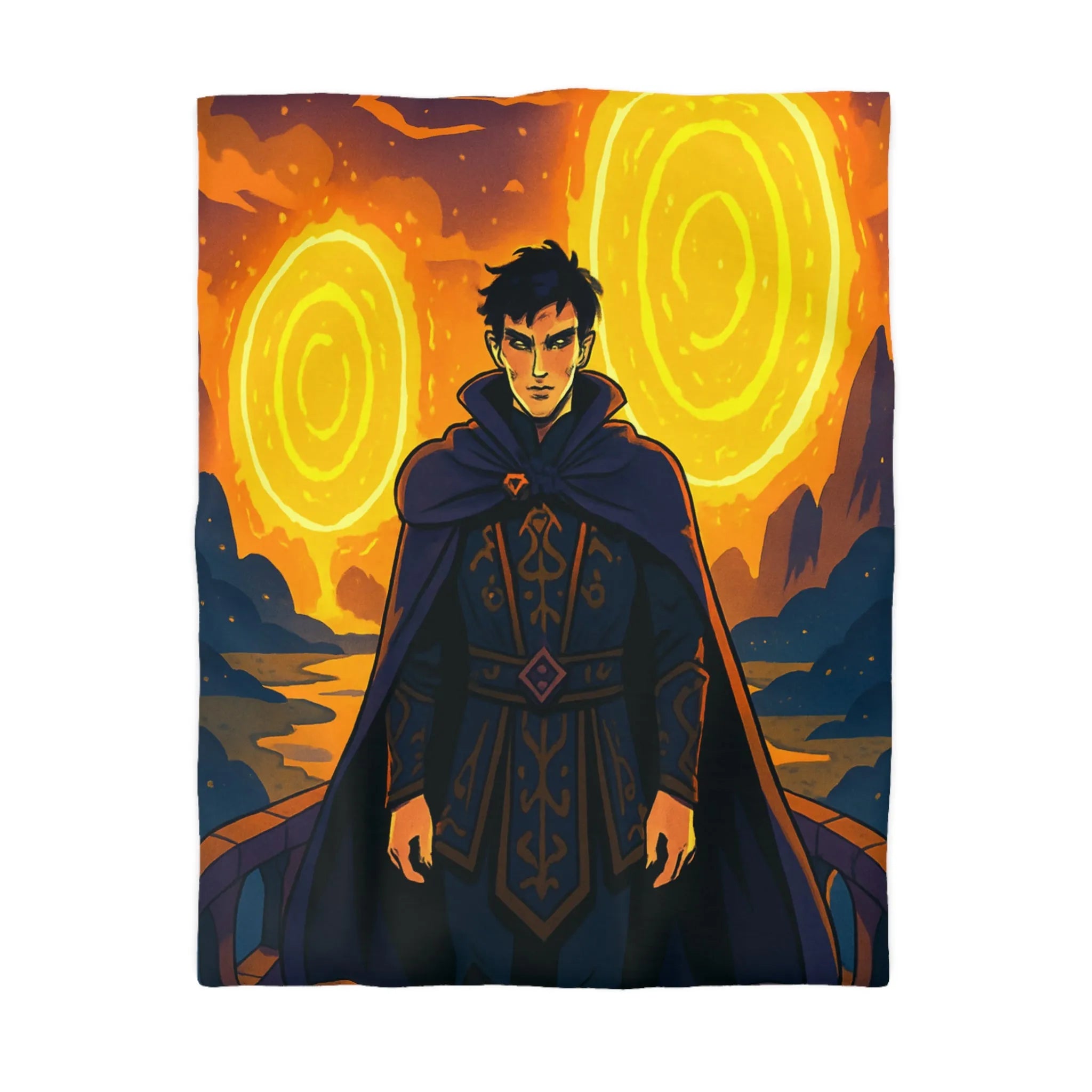 Housse de couette fantastique avec sorcier et portails lumineux dans paysage nocturne magique