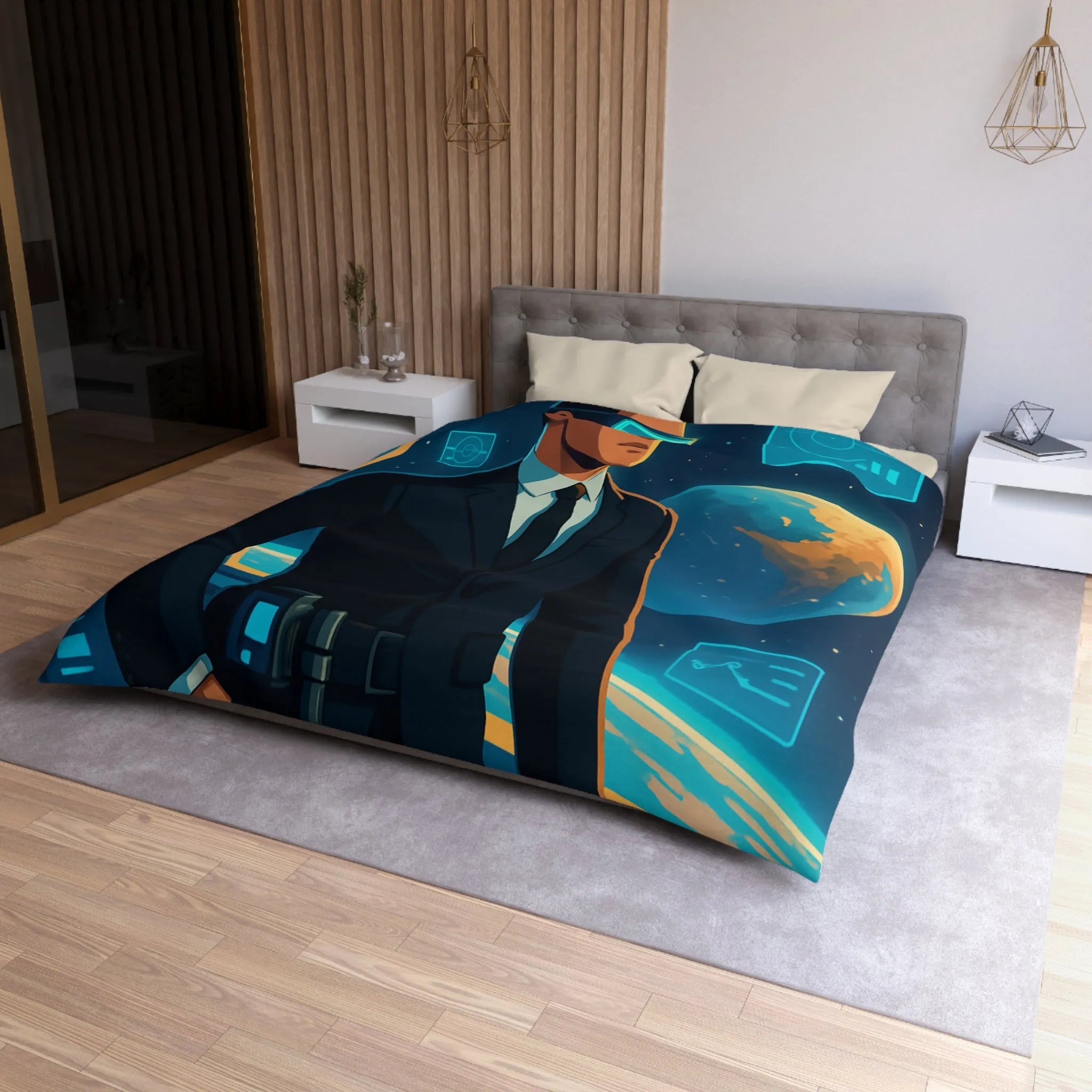 Housse de couette futuriste avec agent spatial et paysages cosmiques numériques immersifs
