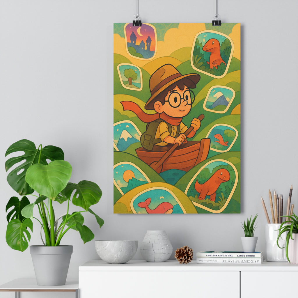 Poster décoratif fantaisie enfant aventure barque animaux montagnes châteaux vert bleu rouge 30x46 chambre