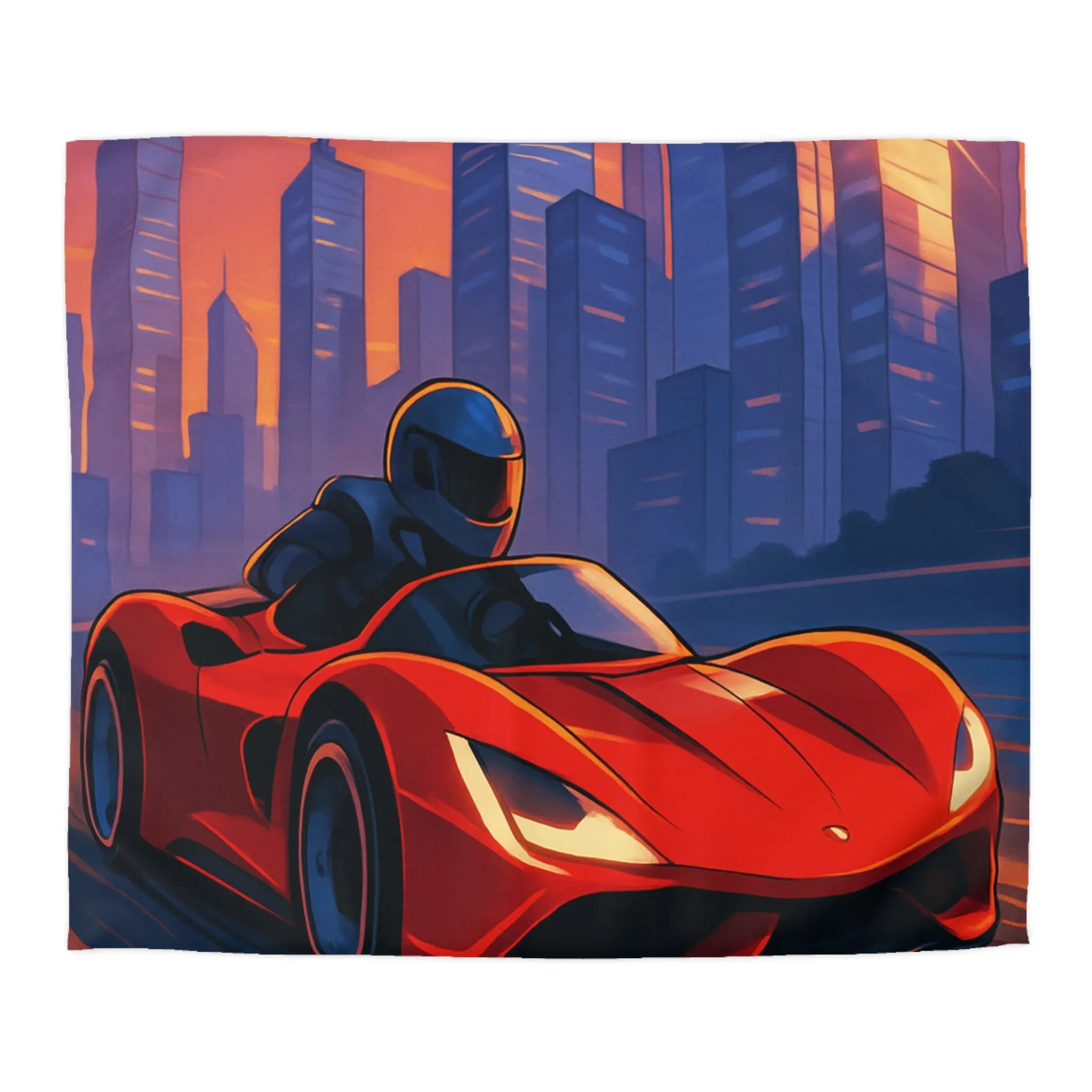 Housse de couette illustrée voiture de sport rouge dans paysage urbain futuriste au crépuscule