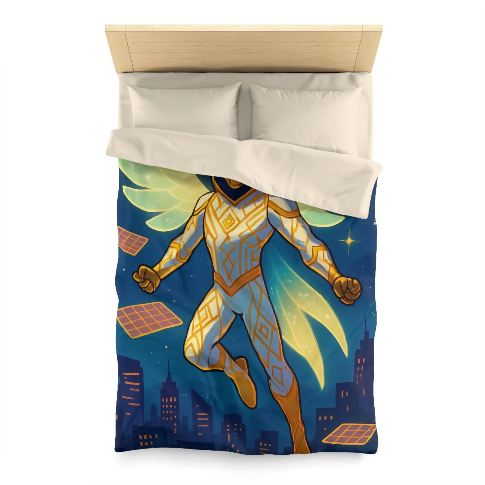 Housse de couette avec héros ailé lumineux sur ciel étoilé et ville futuriste