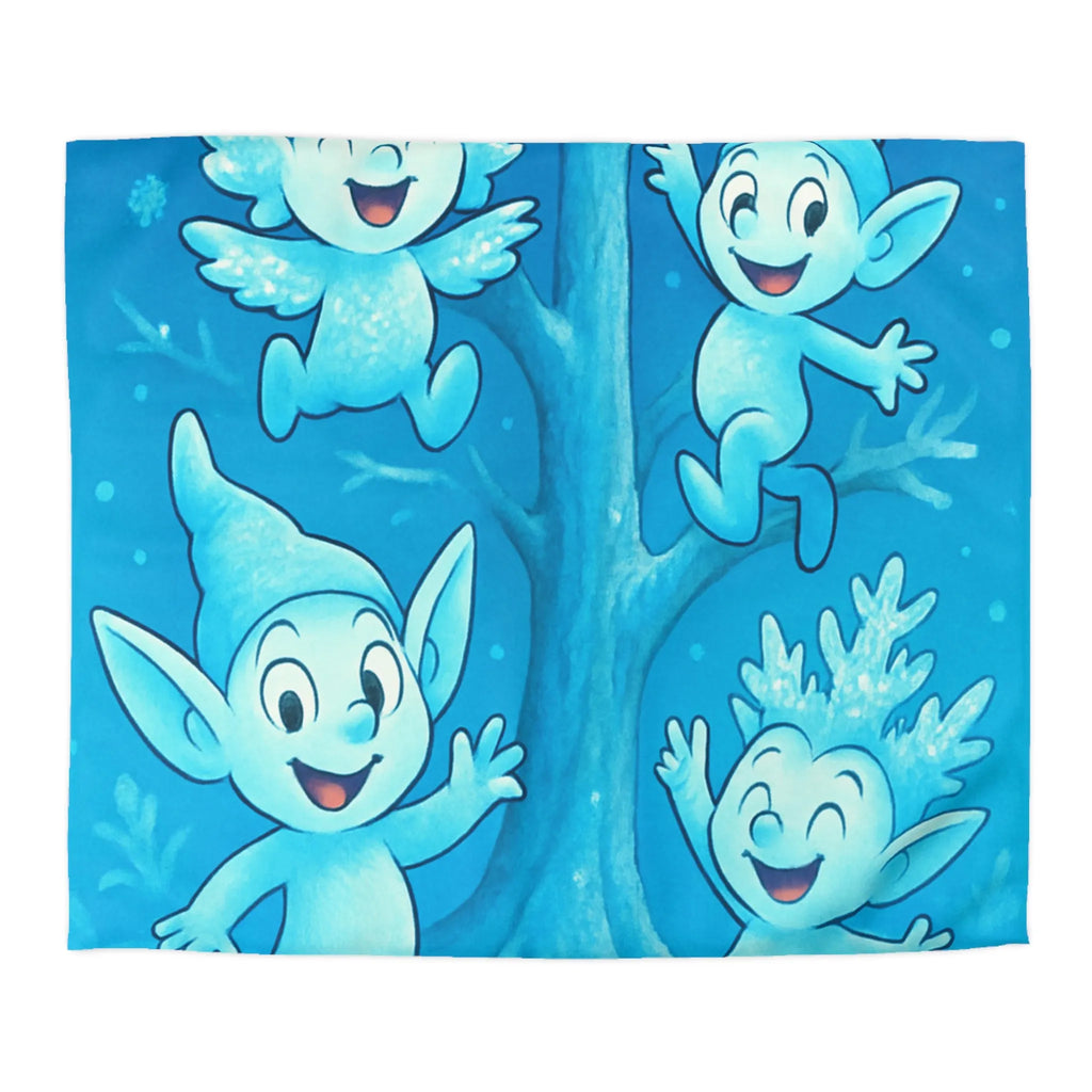 Housse de couette féerique avec lutins bleus dans forêt enchantée hivernale et magique