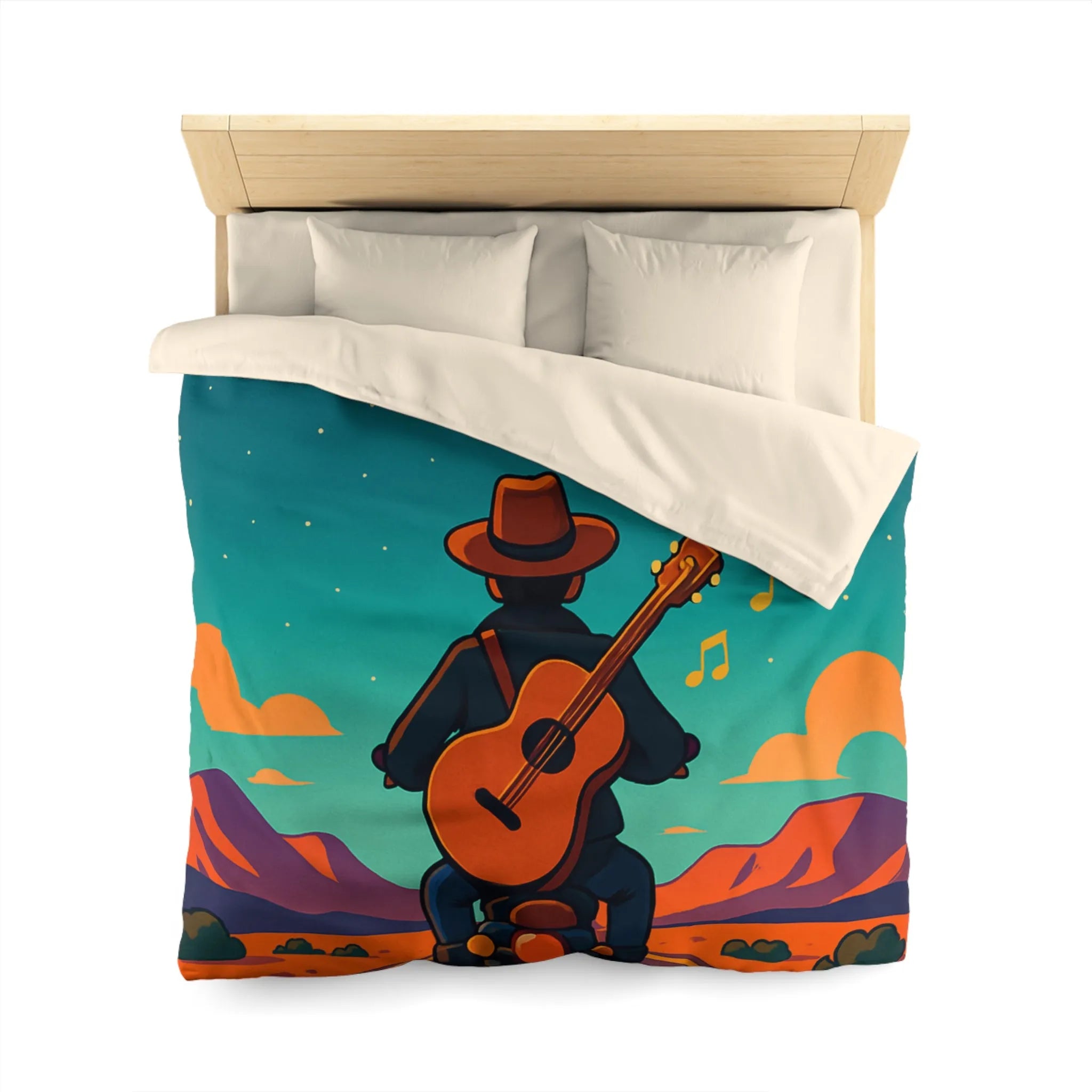 Housse de couette illustrée avec musicien en moto sous ciel étoilé et montagnes