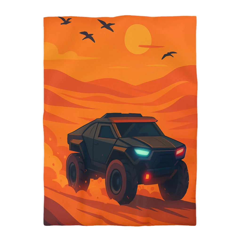 Housse de couette avec design de voiture tout-terrain dans désert orange au coucher du soleil