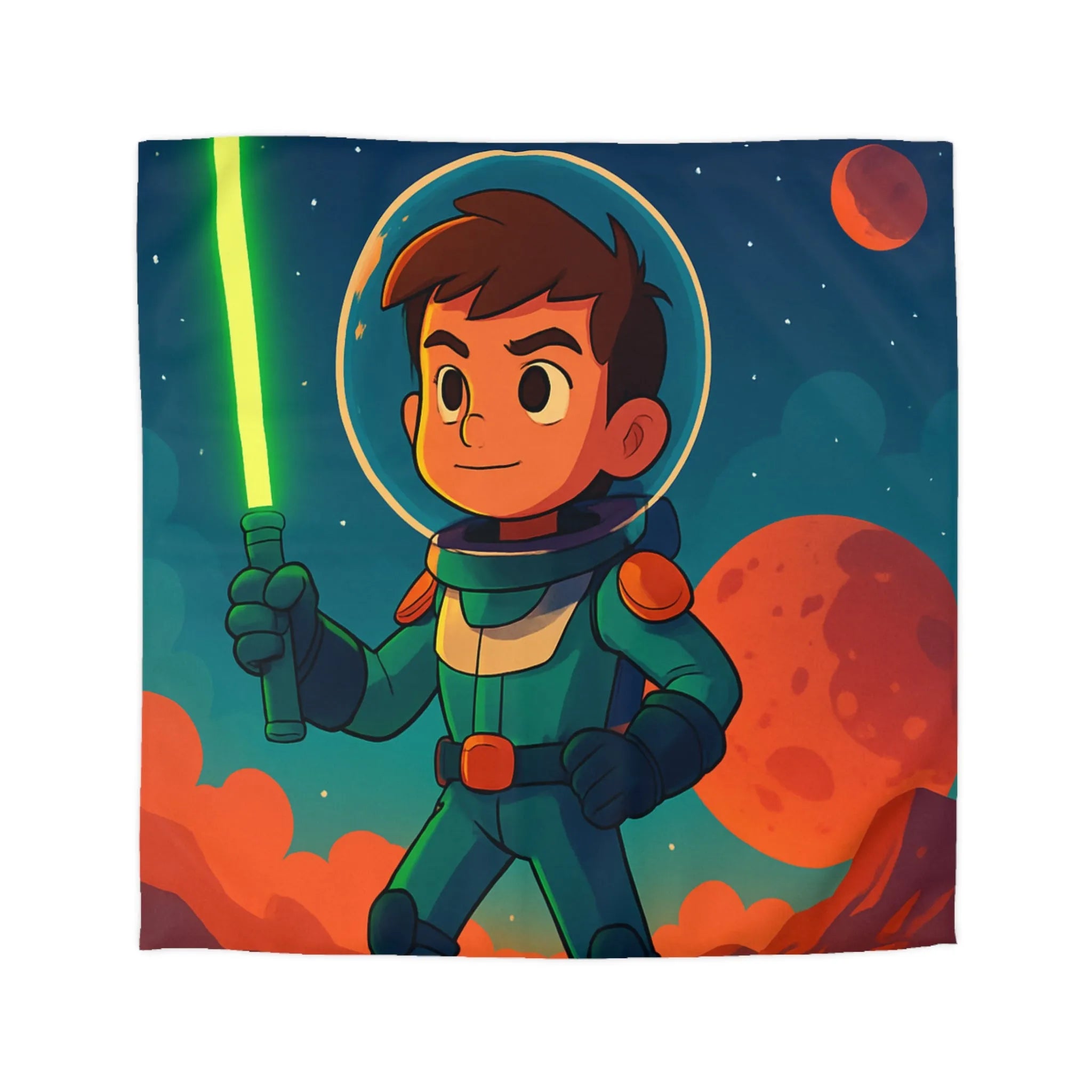 Housse de couette illustrée avec enfant astronaute et épée dans l'espace coloré