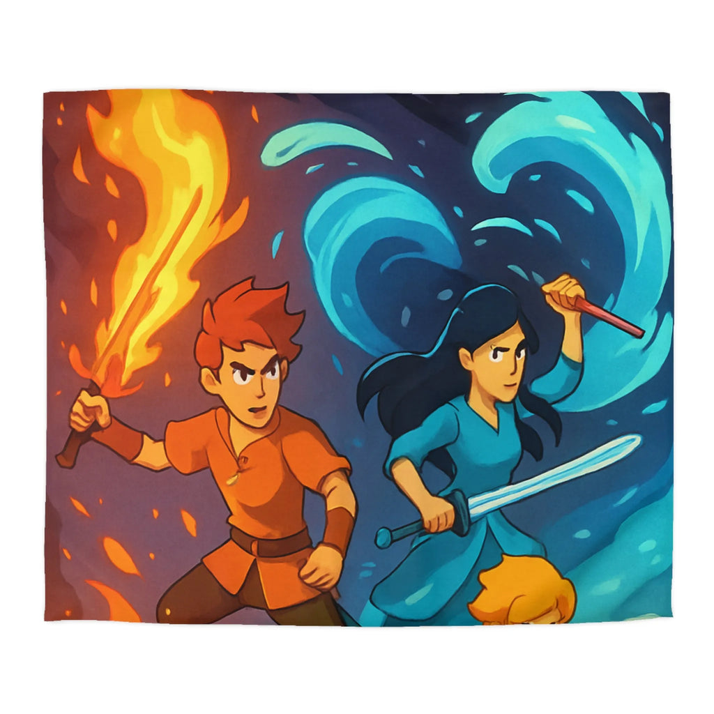 Housse de couette épique avec quatre jeunes héros maîtrisant les éléments pour RPG aventure