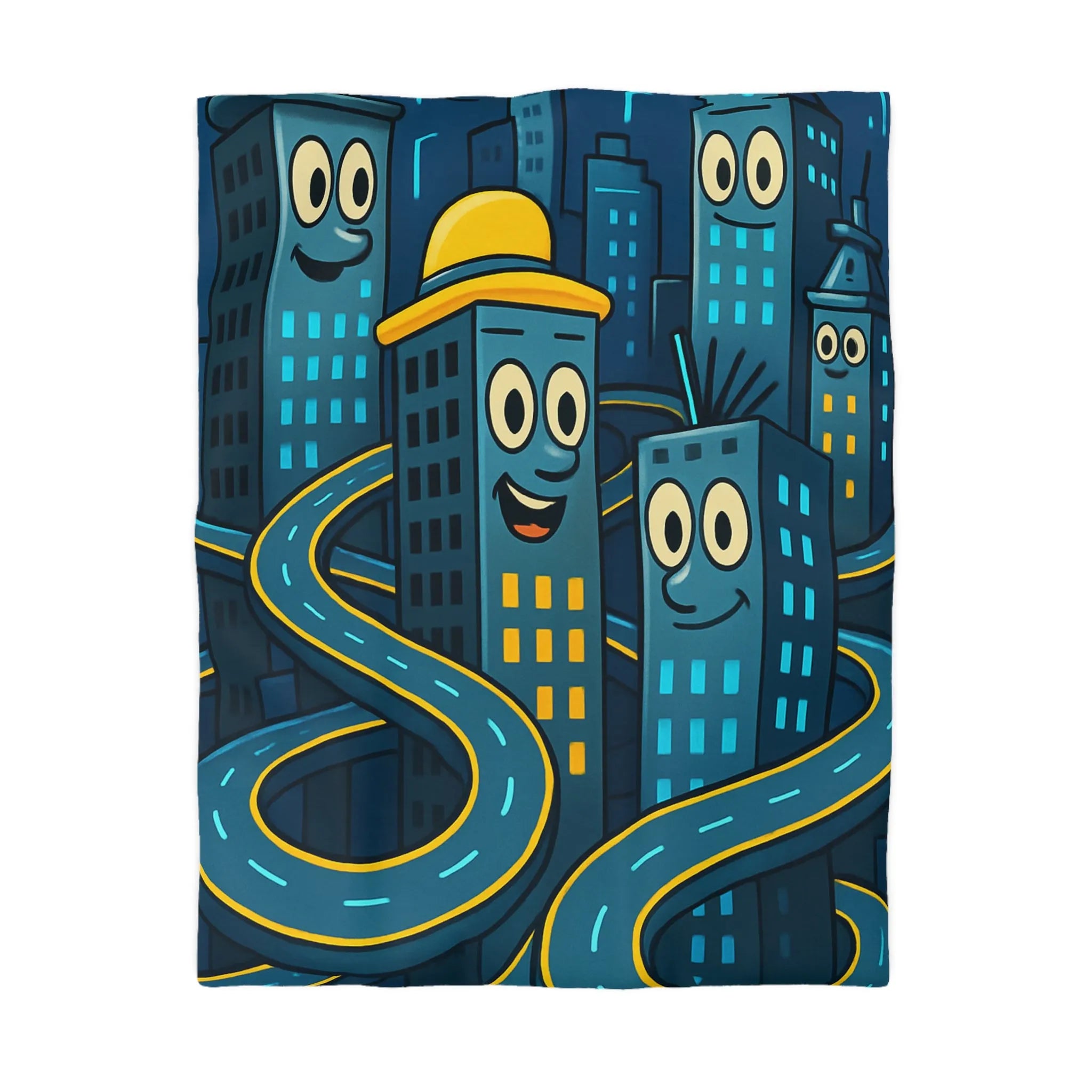 Housse de couette créative avec immeubles souriants et routes sinueuses dessin animés