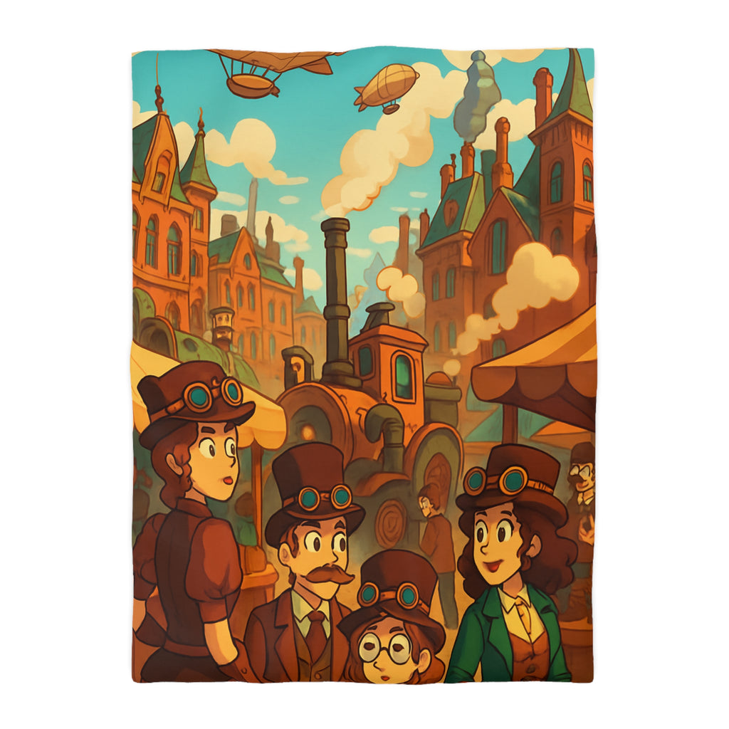 Housse de couette steampunk rétro avec famille, dirigeables et ville victorienne animée