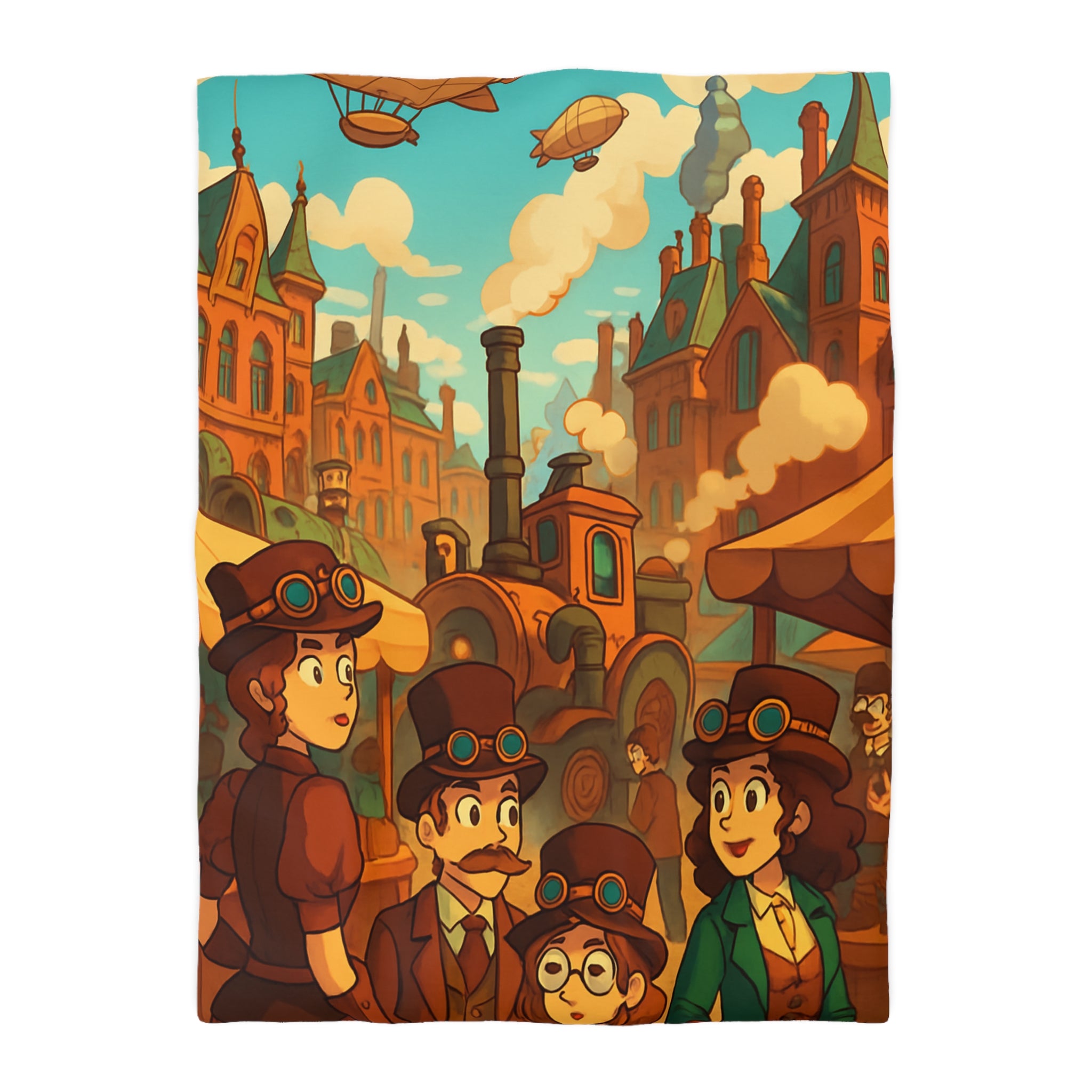 Housse de couette steampunk rétro avec famille, dirigeables et ville victorienne animée