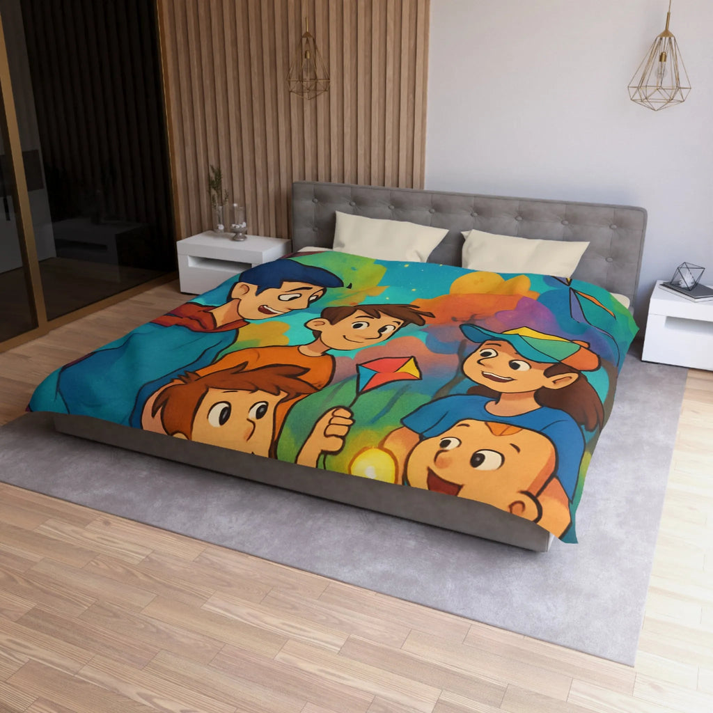 Housse de Couette Enfantine avec Cerfs-Volants et Ciel Étoilé dans Forêt Colorée