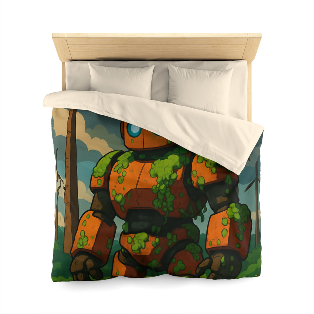Housse de couette robot et éoliennes, motif nature et technologie, ambiance verte apaisante
