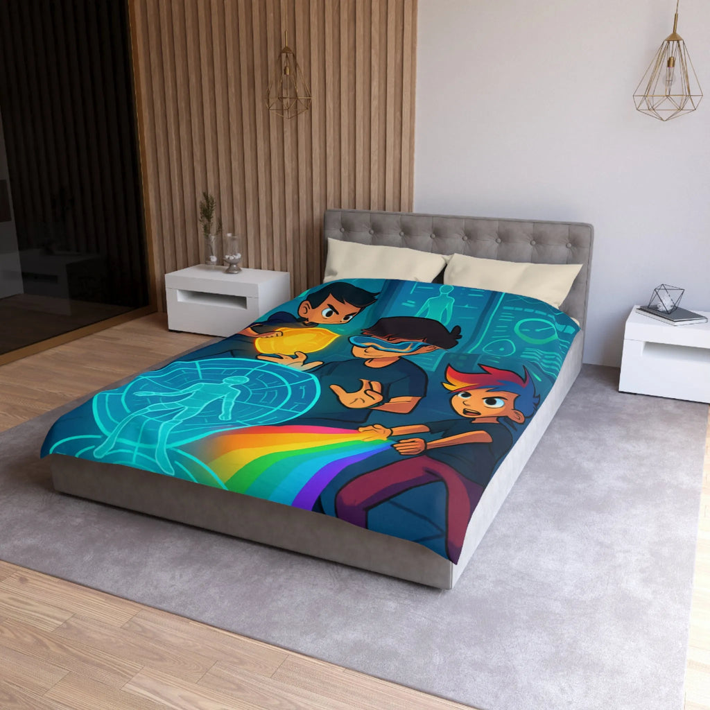 Housse de couette colorée avec enfants explorant un monde futuriste numérique et lumineux