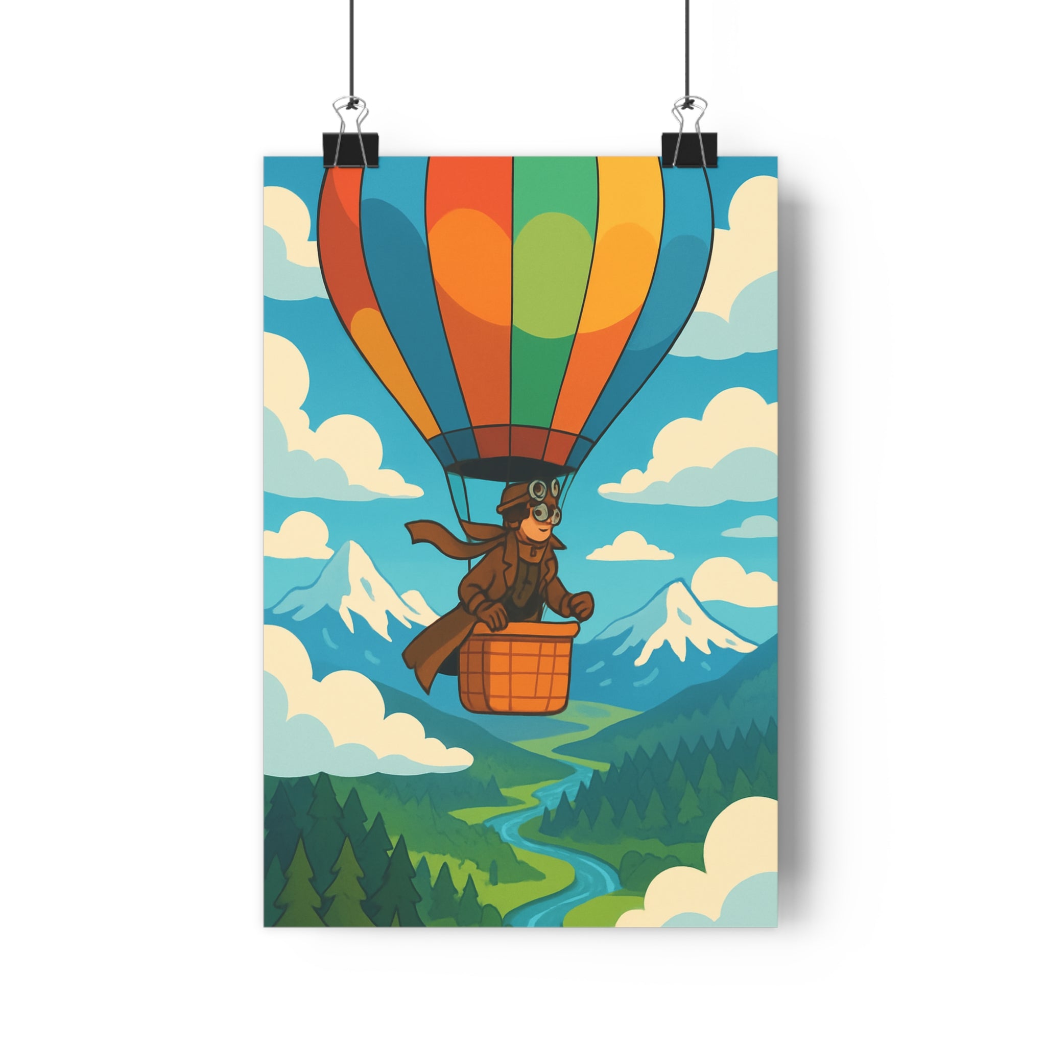 Poster décoratif aventure montgolfière colorée cartoon joyeux salon chambre apaisante montagne paysage enchanteur qualité