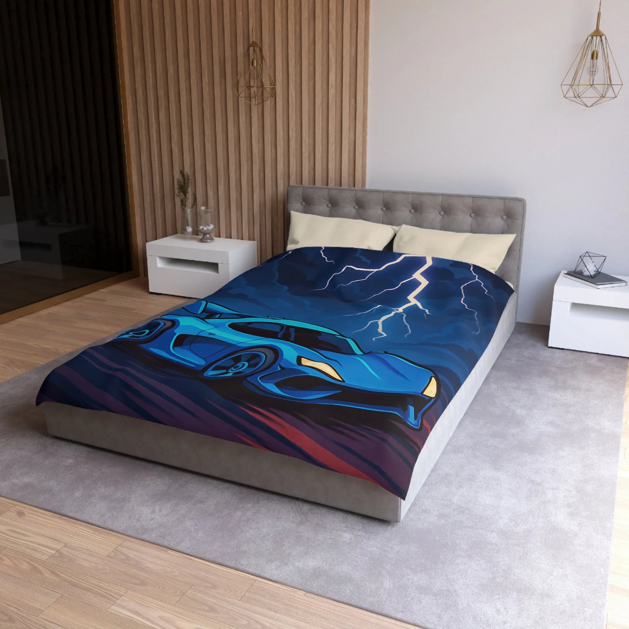 Housse de couette bleue supercar avec éclair ciel dramatique pour chambre moderne