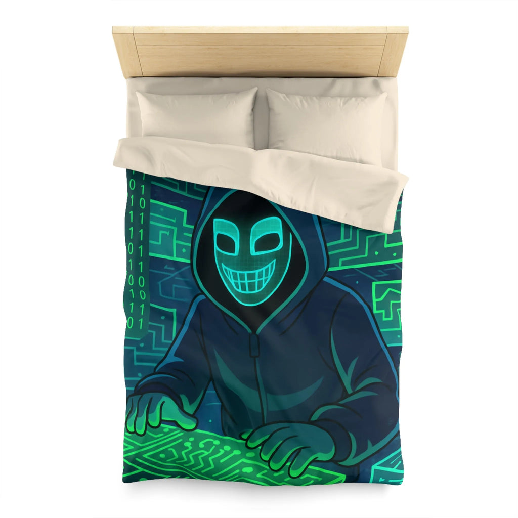 Housse de couette cyberpunk avec motif de hacker masqué et circuit numérique lumineux