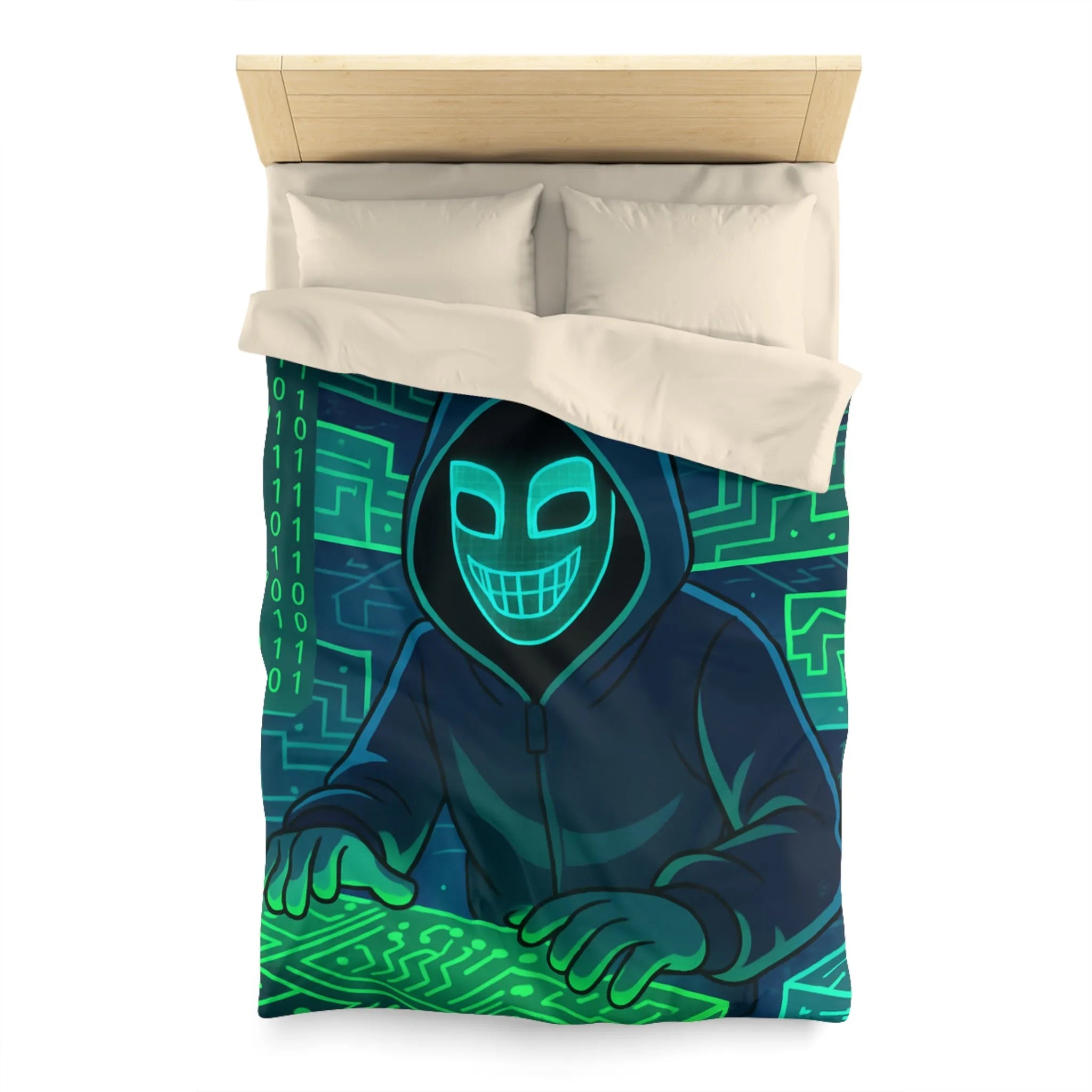 Housse de couette cyberpunk avec motif de hacker masqué et circuit numérique lumineux