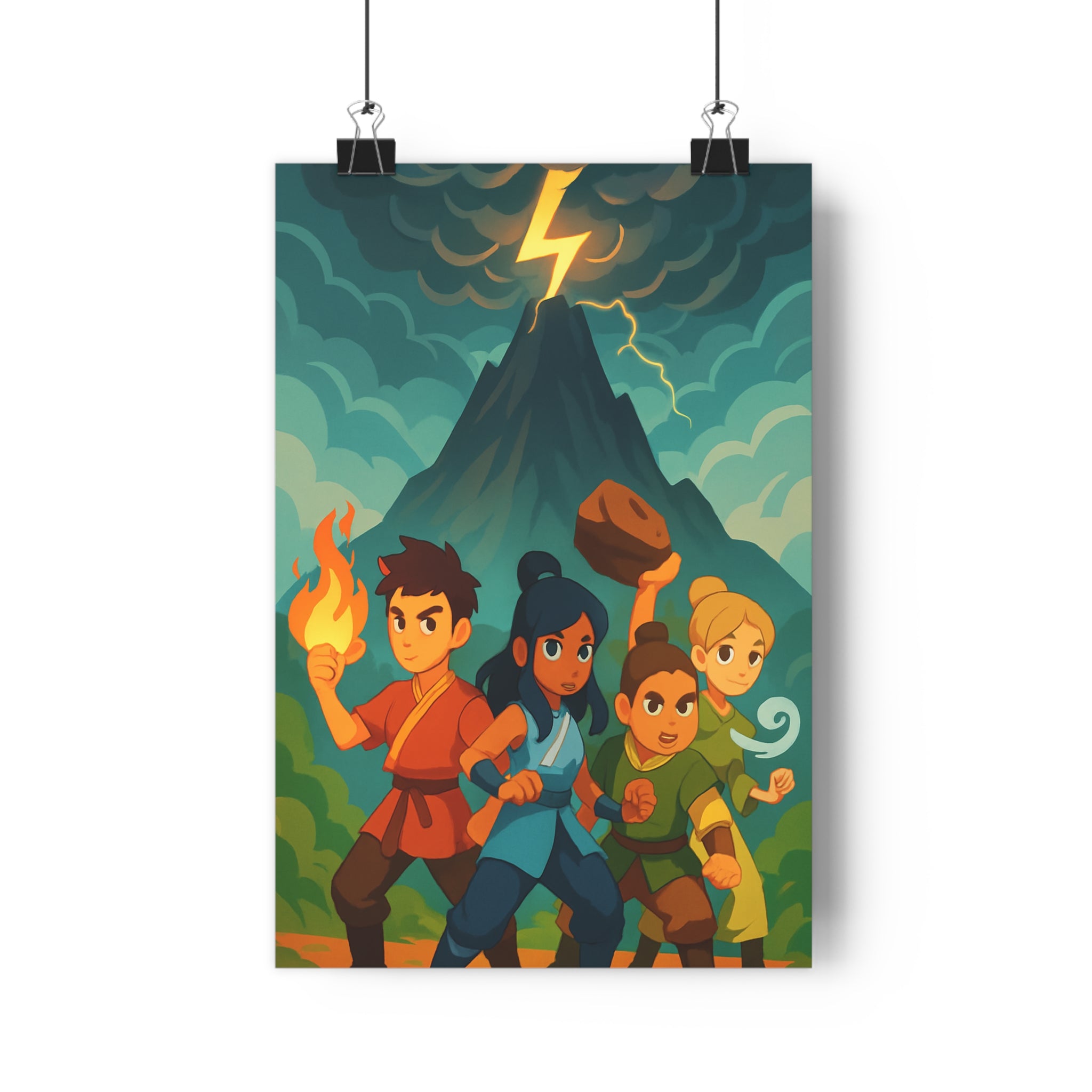 Poster décoratif épique animé rouge bleu vert volcan héros aventure chambre enfant mural vibrant
