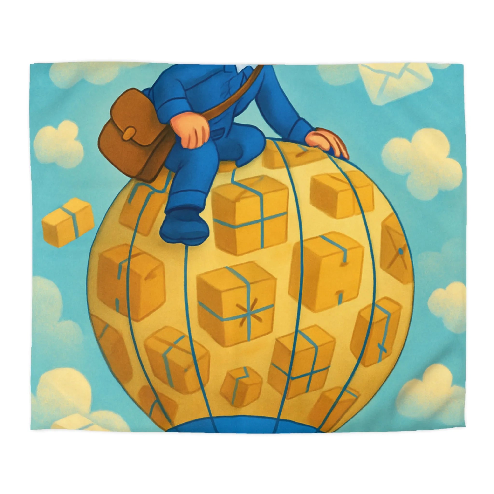 Housse de couette colorée avec montgolfière et livreur volant dans le ciel animés