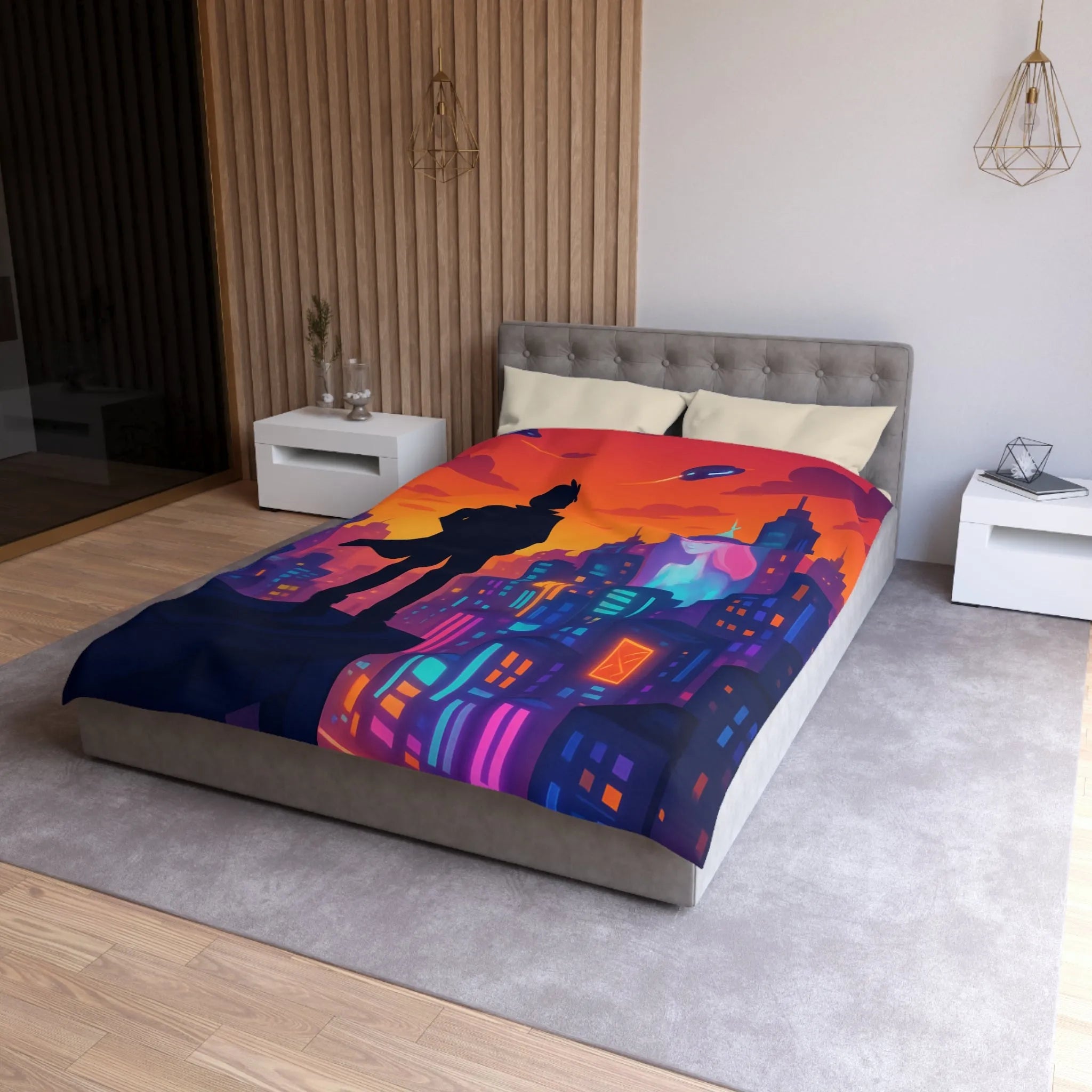 Housse de couette futuriste avec silhouette urbaine et couleurs vibrantes pour chambre moderne