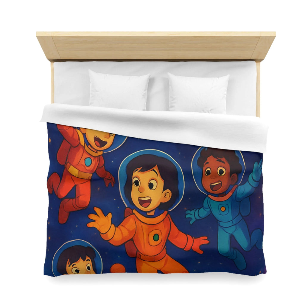 Housse de couette enfants avec astronautes joyeux flottant dans l'espace coloré et planètes