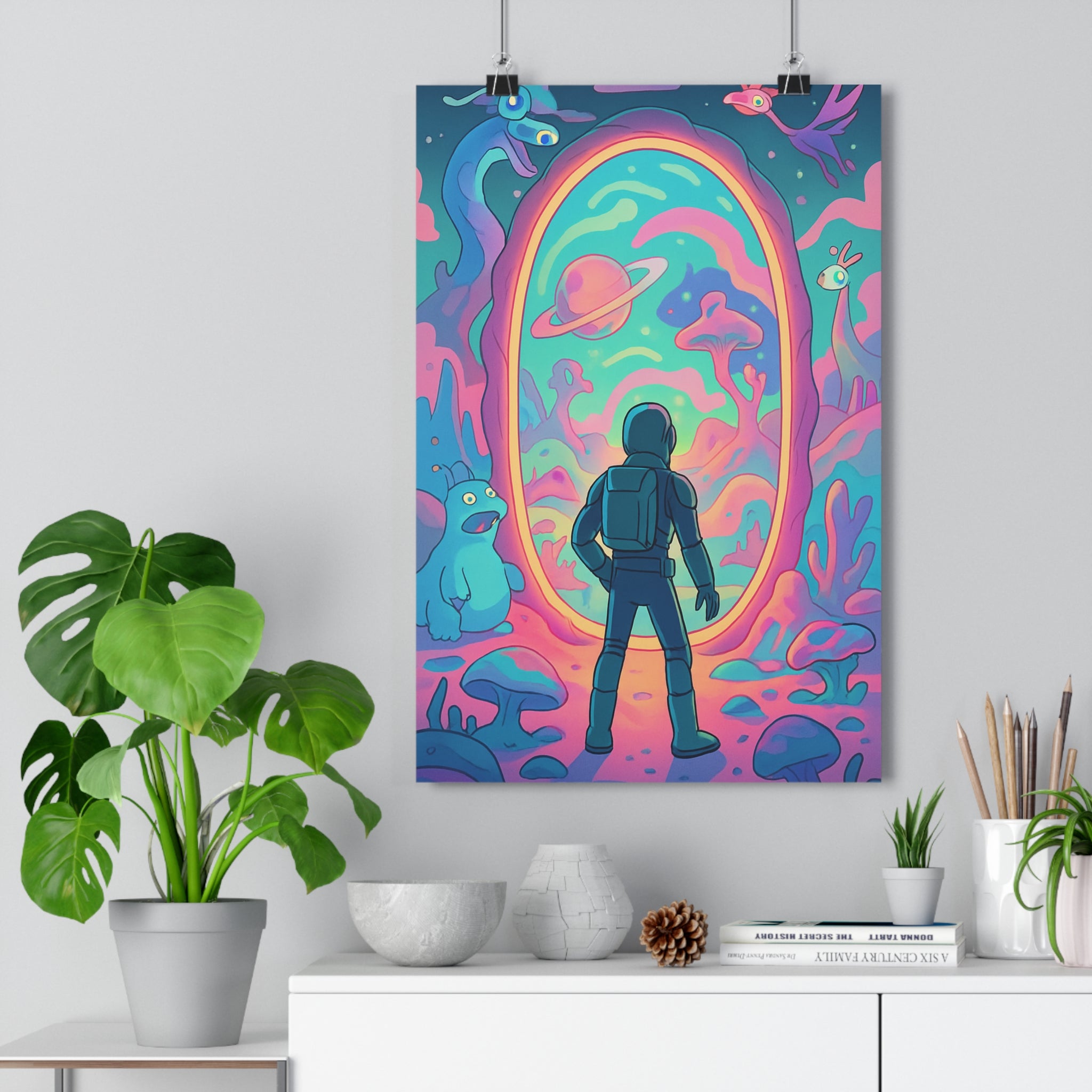Poster décoratif anime futuriste pastel bleu rose violet mystique chambre bureau rêve surréaliste 30x46