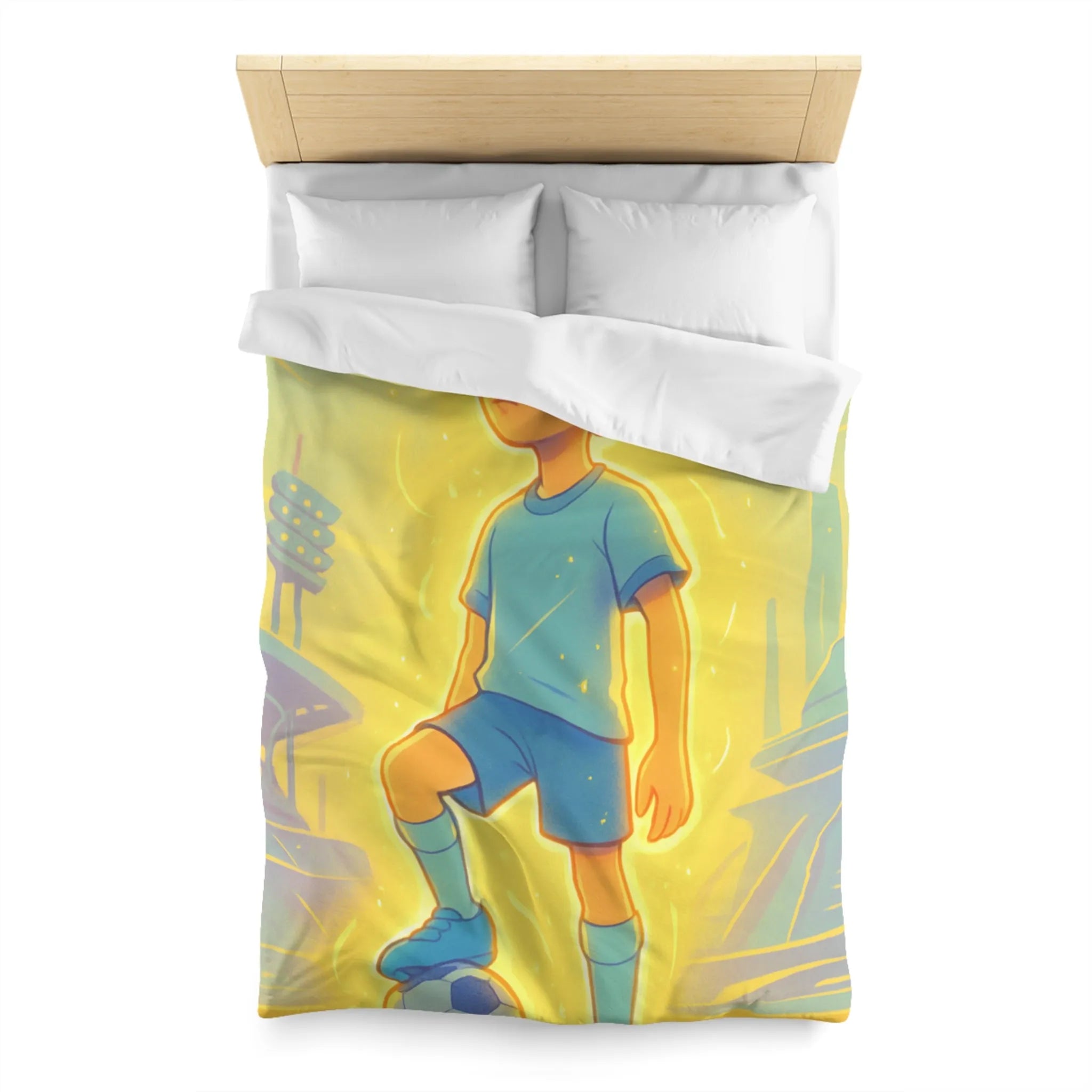 Housse de couette inspirée d'un jeune footballeur en action avec ambiance lumineuse