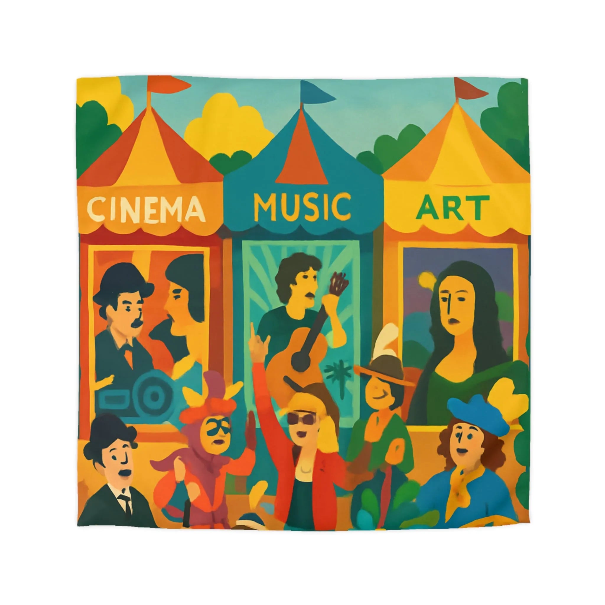 Housse de couette colorée avec motifs cinéma, musique et art, ambiance festive bohème