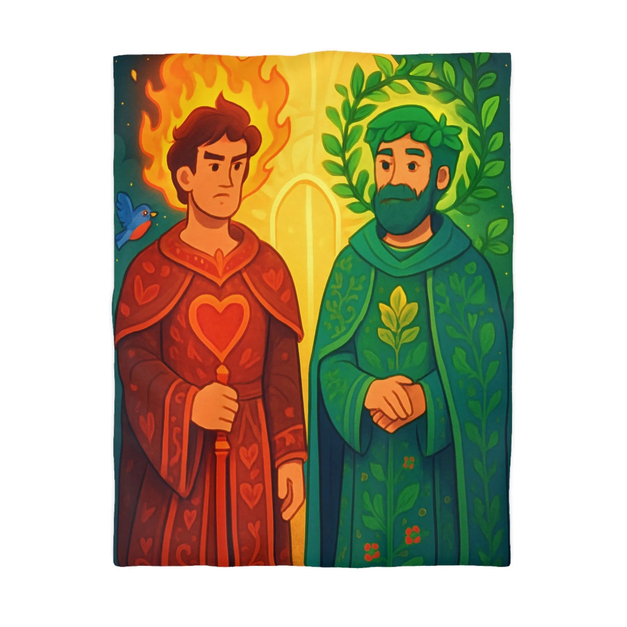 Housse de Couette Colorée avec Illustration Médiévale de Personnages Mystiques et Oiseaux Enchantés