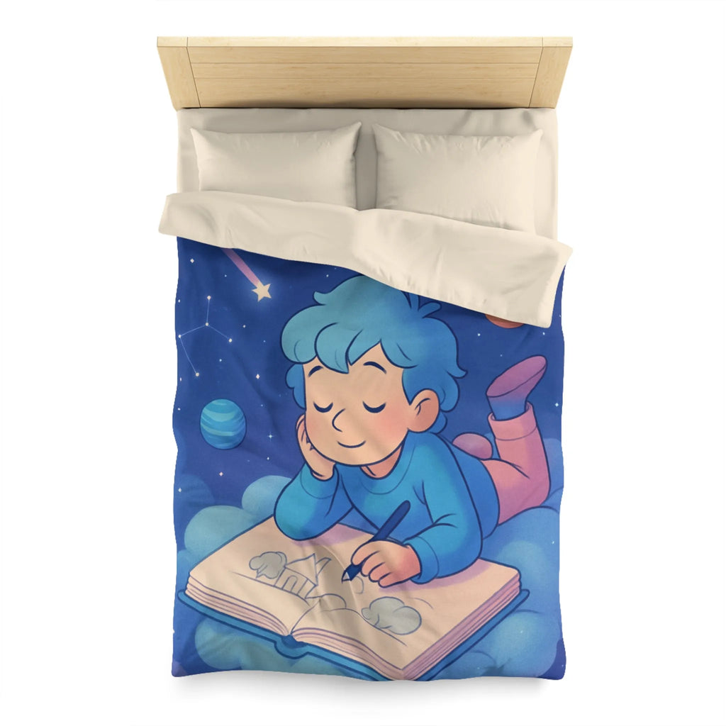 Housse de couette enfant rêve étoilé avec cosmos et garçon sur nuage